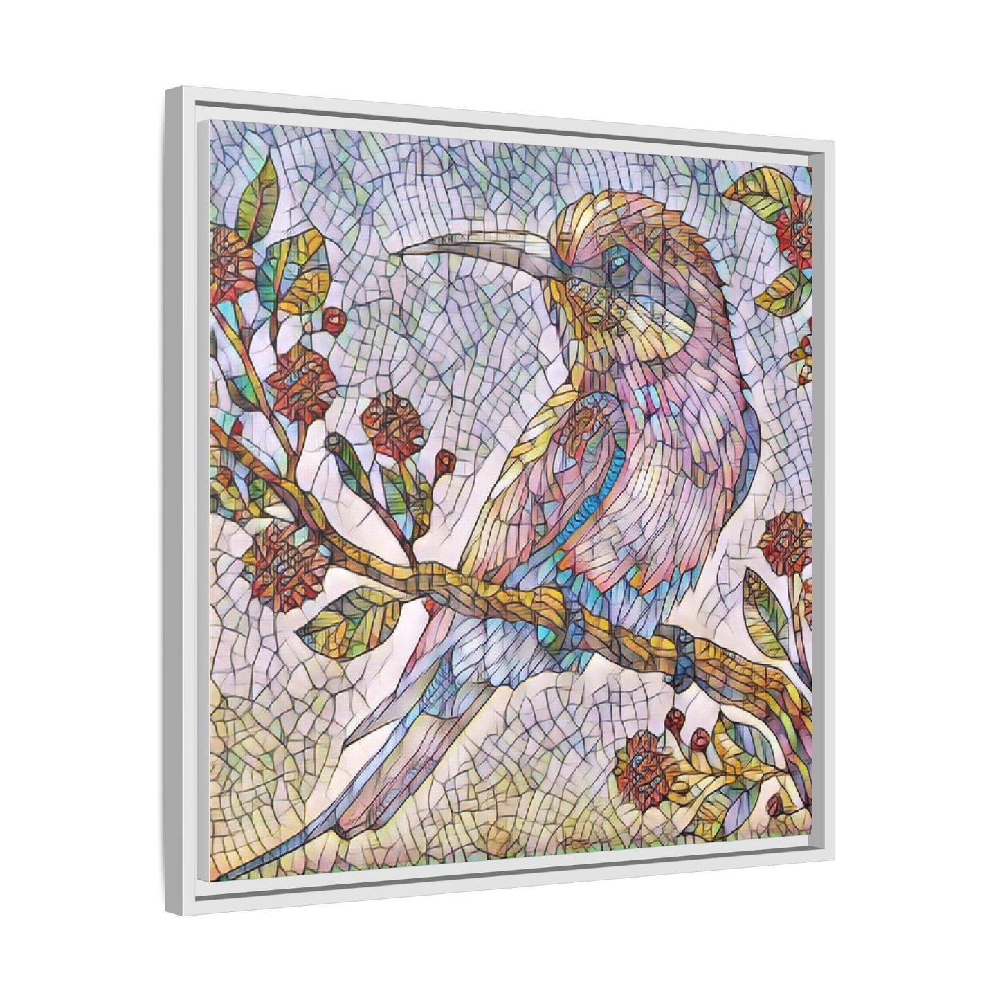 Framed Mosaic Bird Art Print — Colorful Kookaburra Wall Canvas