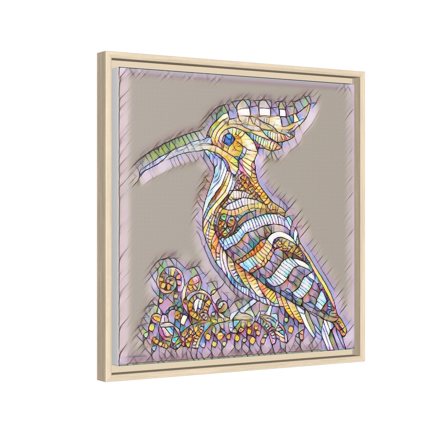 Colorful Mosaic Bird Framed Canvas Art — Whimsical Hoopoe Wall Decor