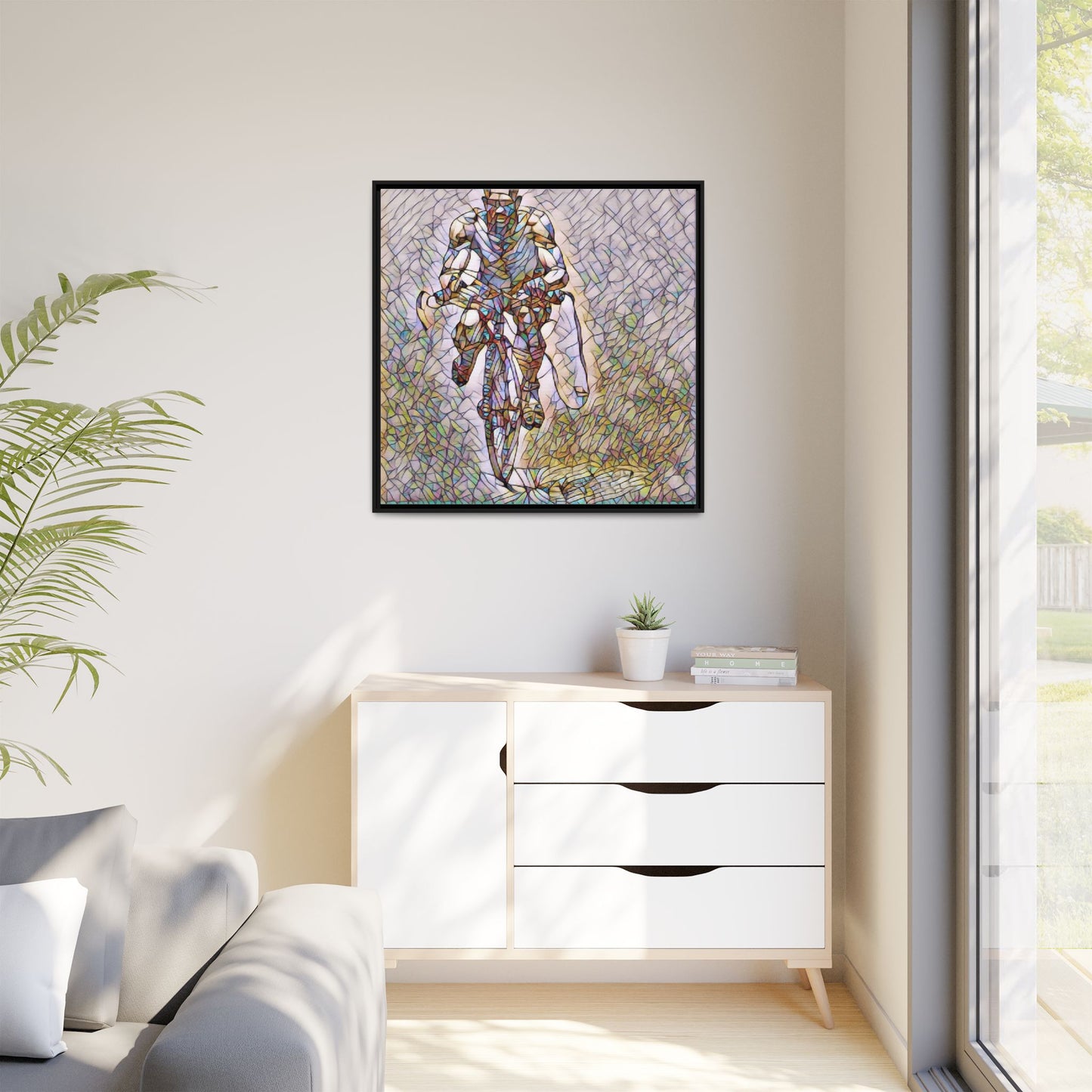 Cyclist Art Print — Framed Matte Canvas Wall Art (Multicolor Stained-Glass Style)