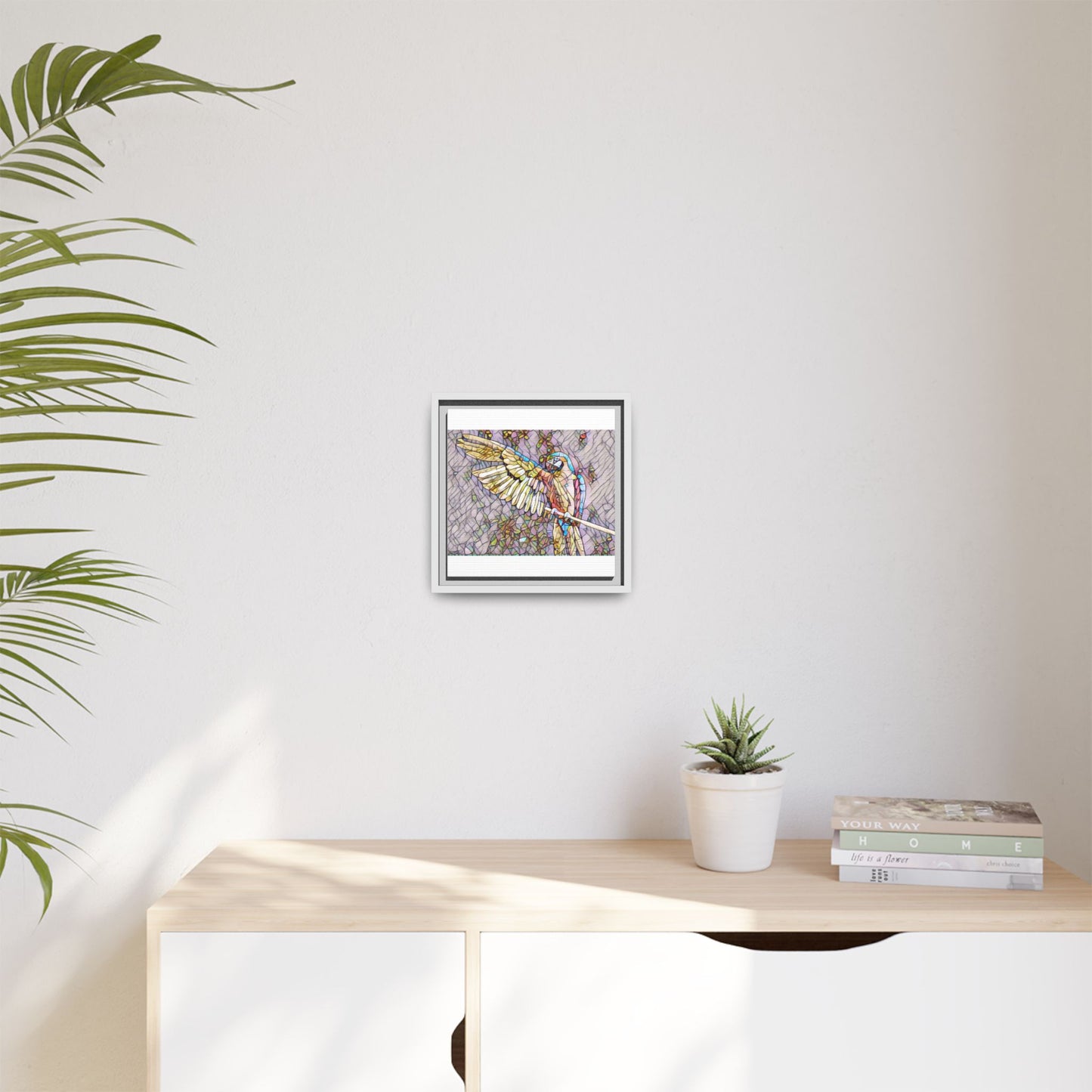Framed Parrot Stained-Glass Art Print — Matte Canvas Wall Decor