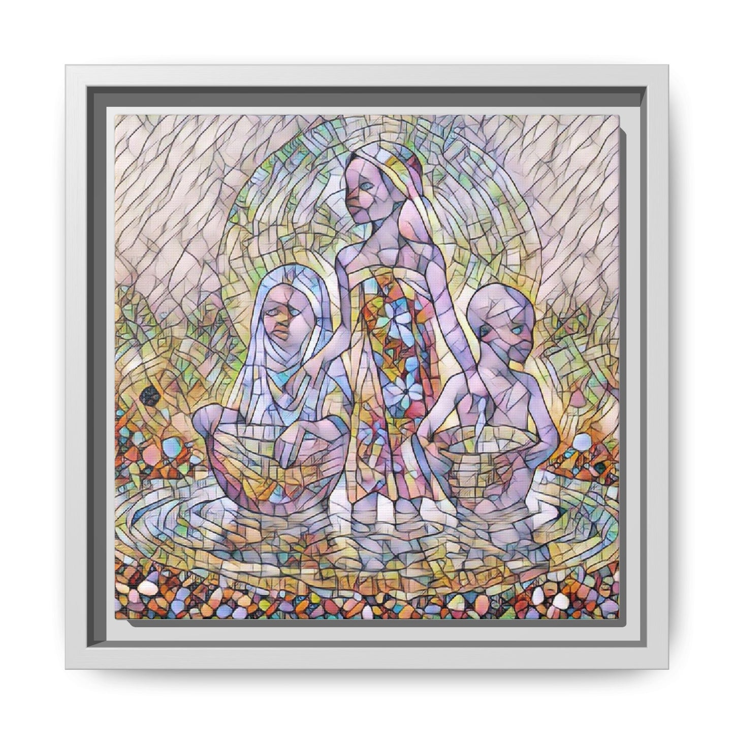 Framed Matte Canvas Art — Stained Glass Trio Women Illustration
