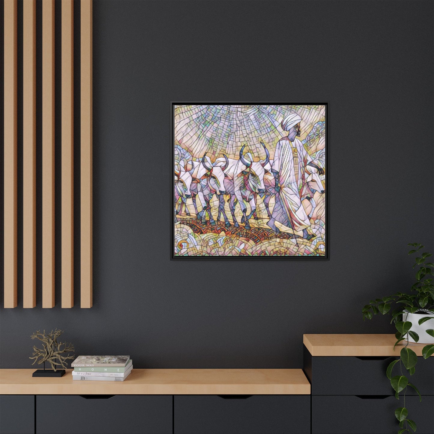 Framed Matte Canvas Art — African Herdsman Mosaic Print