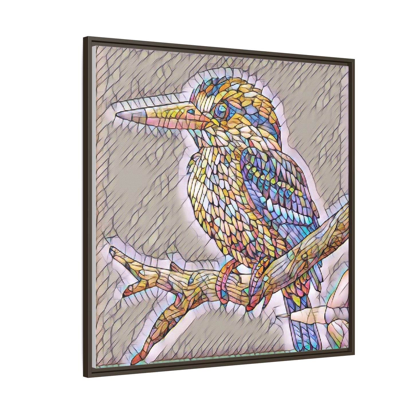 Colorful Kingfisher Framed Canvas Wall Art — Stained-Glass Style Bird Print