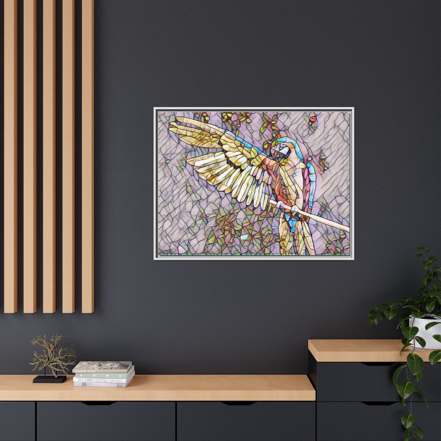 Framed Parrot Stained-Glass Art Print — Matte Canvas Wall Decor
