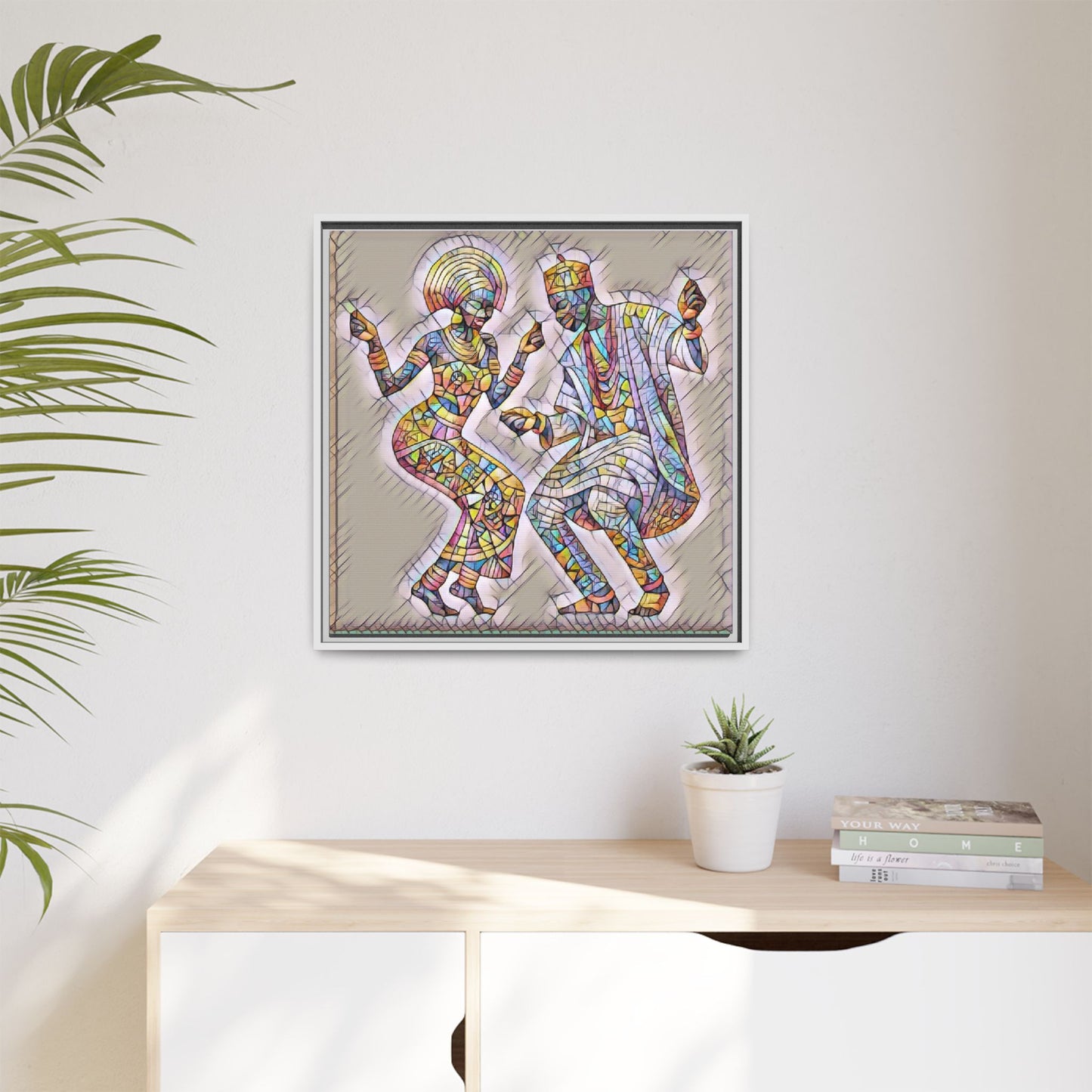 Afrobeat Dancers Framed Canvas Art — Colorful Mosaic African Dance Print