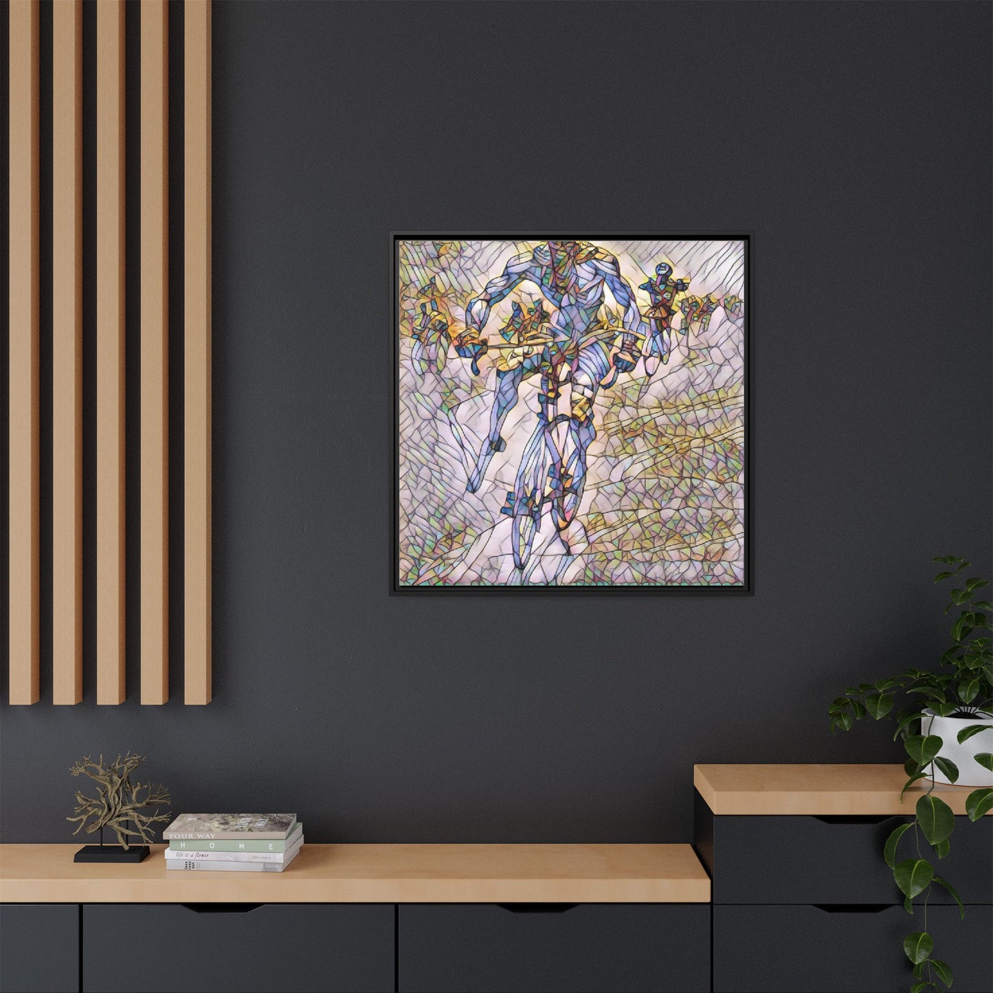 Abstract Cyclist Matte Canvas Framed Art — Colorful Stained-Glass Bike Print