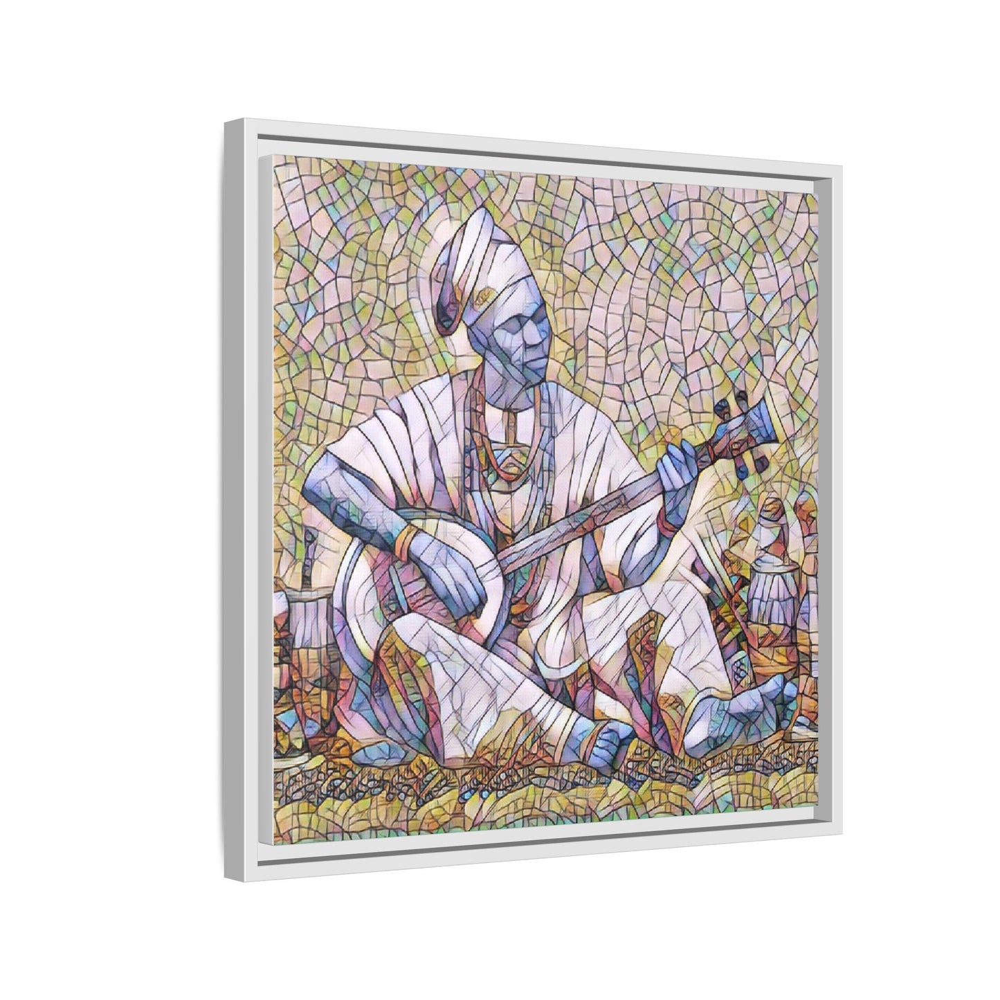 Framed Mosaic Musician Canvas Art — African Griot with Kora