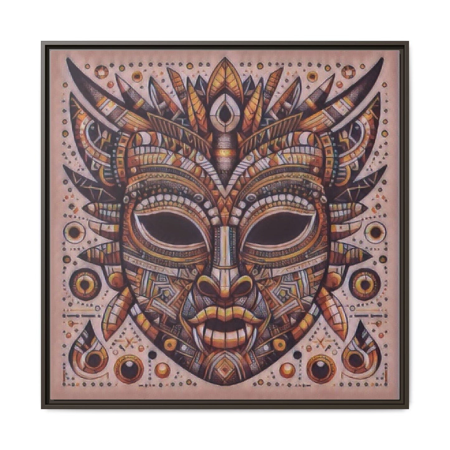 Tribal Mask Framed Canvas Art — Multicolor Matte Wall Decor