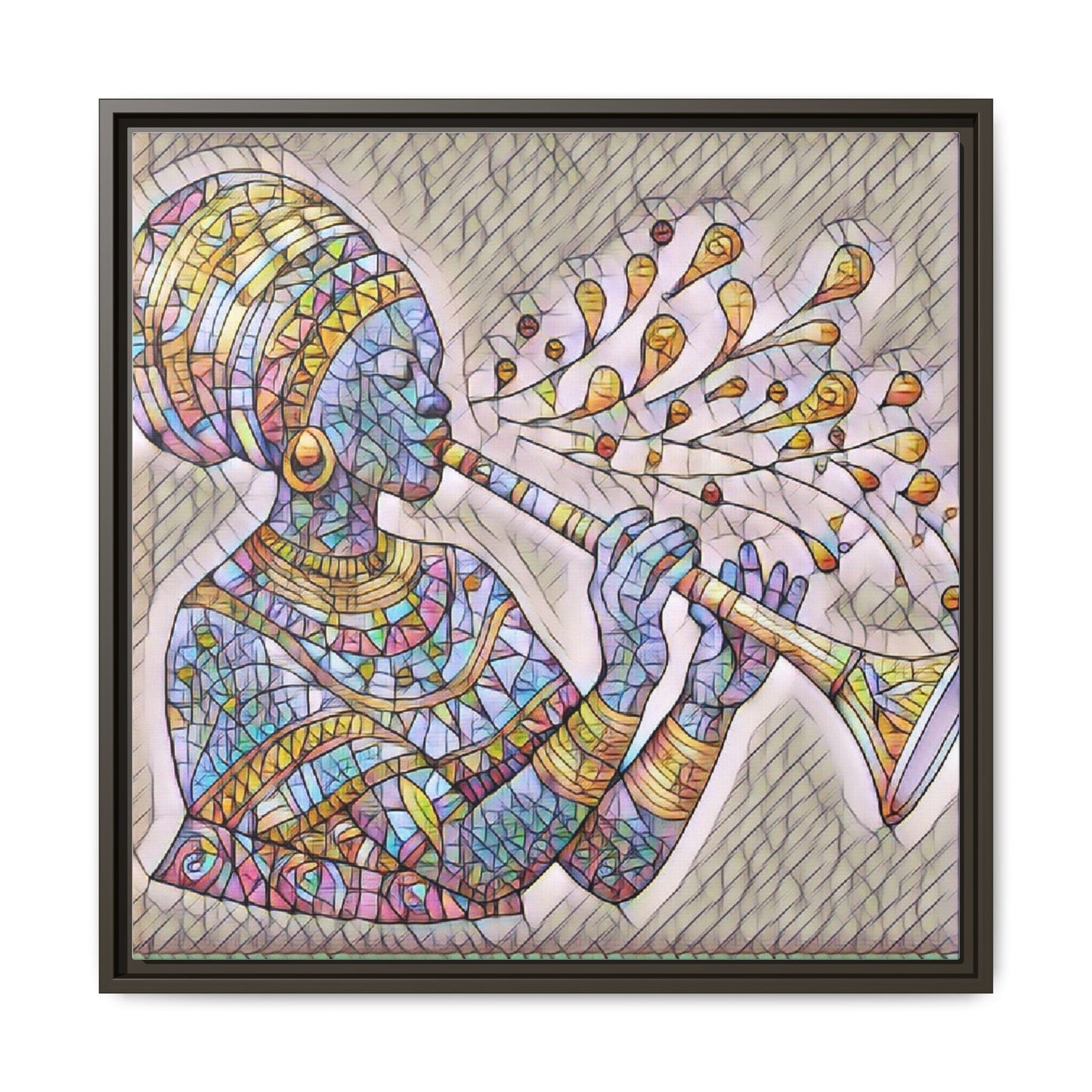 Framed Matte Canvas Art – Colorful African Musician Trumpet Print