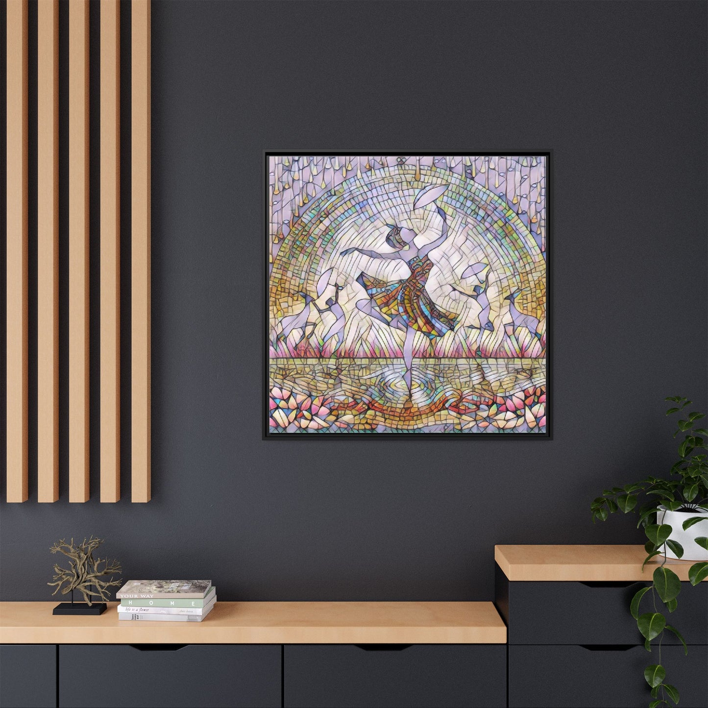 Stained Glass Ballerina Framed Canvas Art — Dancer Mosaic Wall Decor