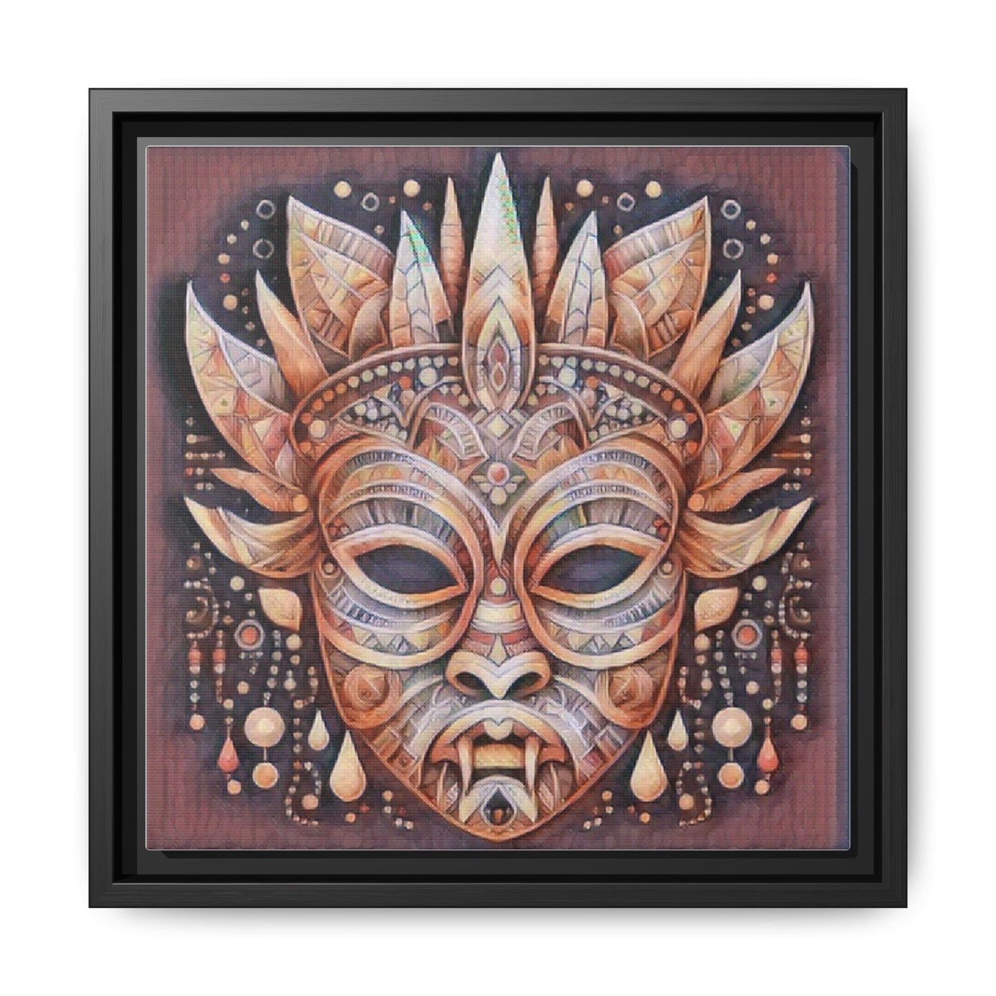 Tribal Sun Mask Framed Canvas Art — Boho Ethnic Wall Decor