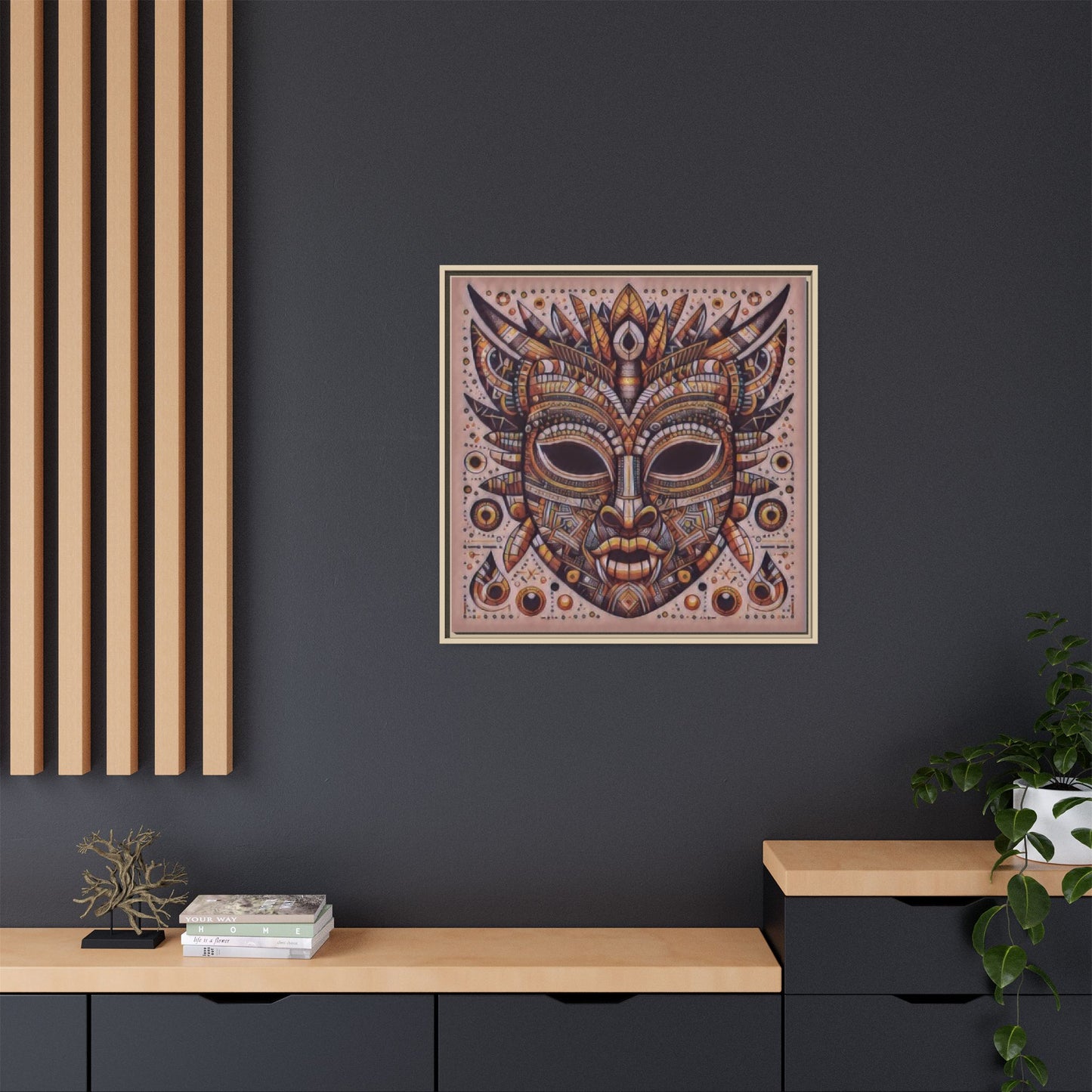 Tribal Mask Framed Canvas Art — Multicolor Matte Wall Decor