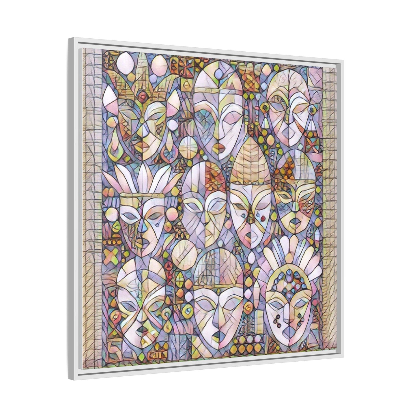 Framed Abstract Mask Art Canvas — Multicolor Stained-Glass Faces Wall Decor