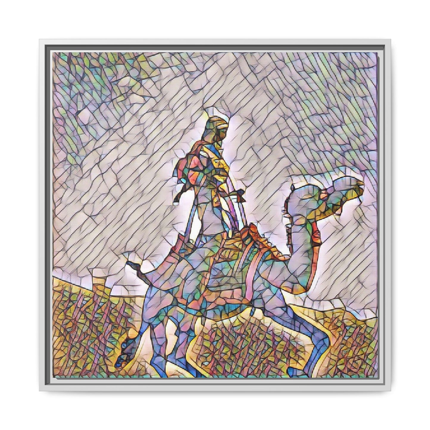 Framed Camel Rider Matte Canvas Art — Colorful Mosaic Desert Wall Decor