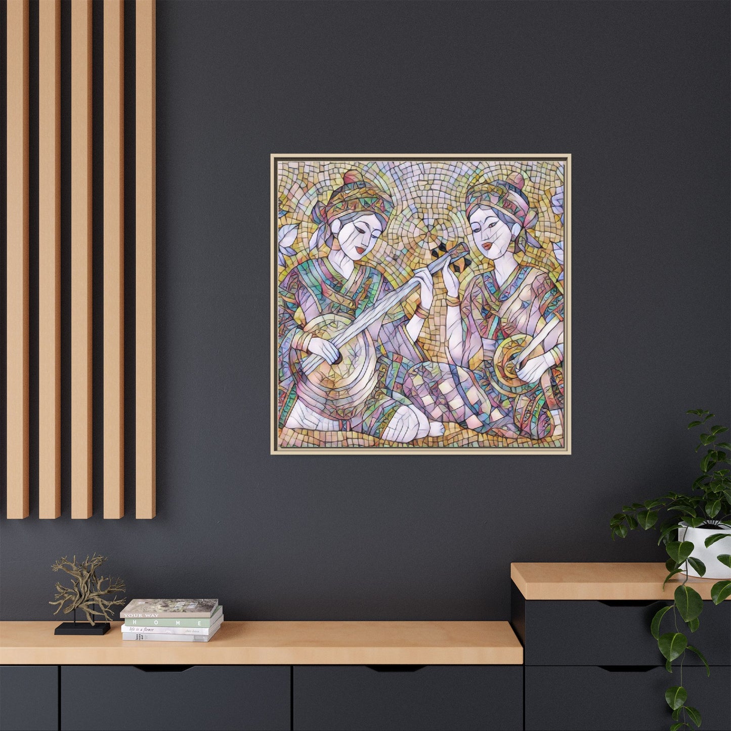 Framed Mosaic Musician Canvas Art — Ethnic Duo Wall Decor