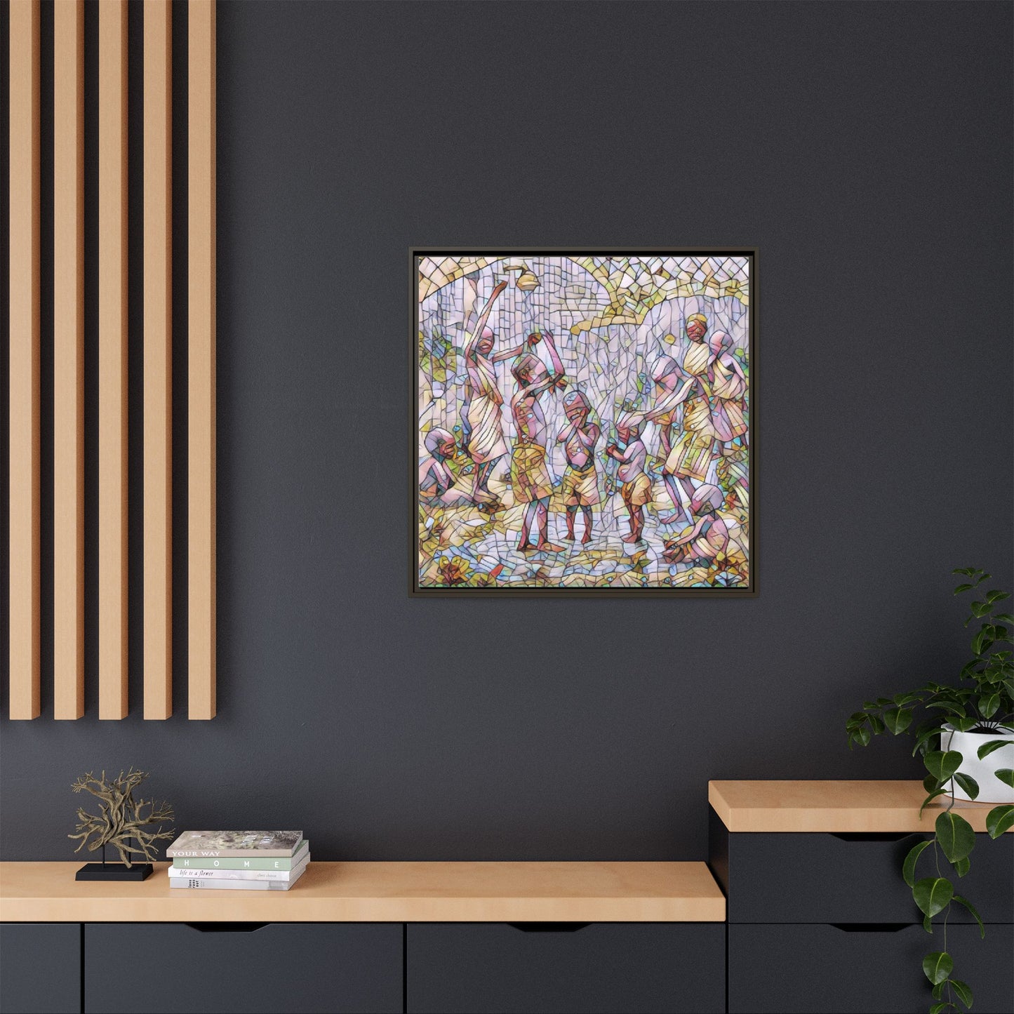 Framed Matte Canvas – Colorful Mosaic Children Playing Wall Art