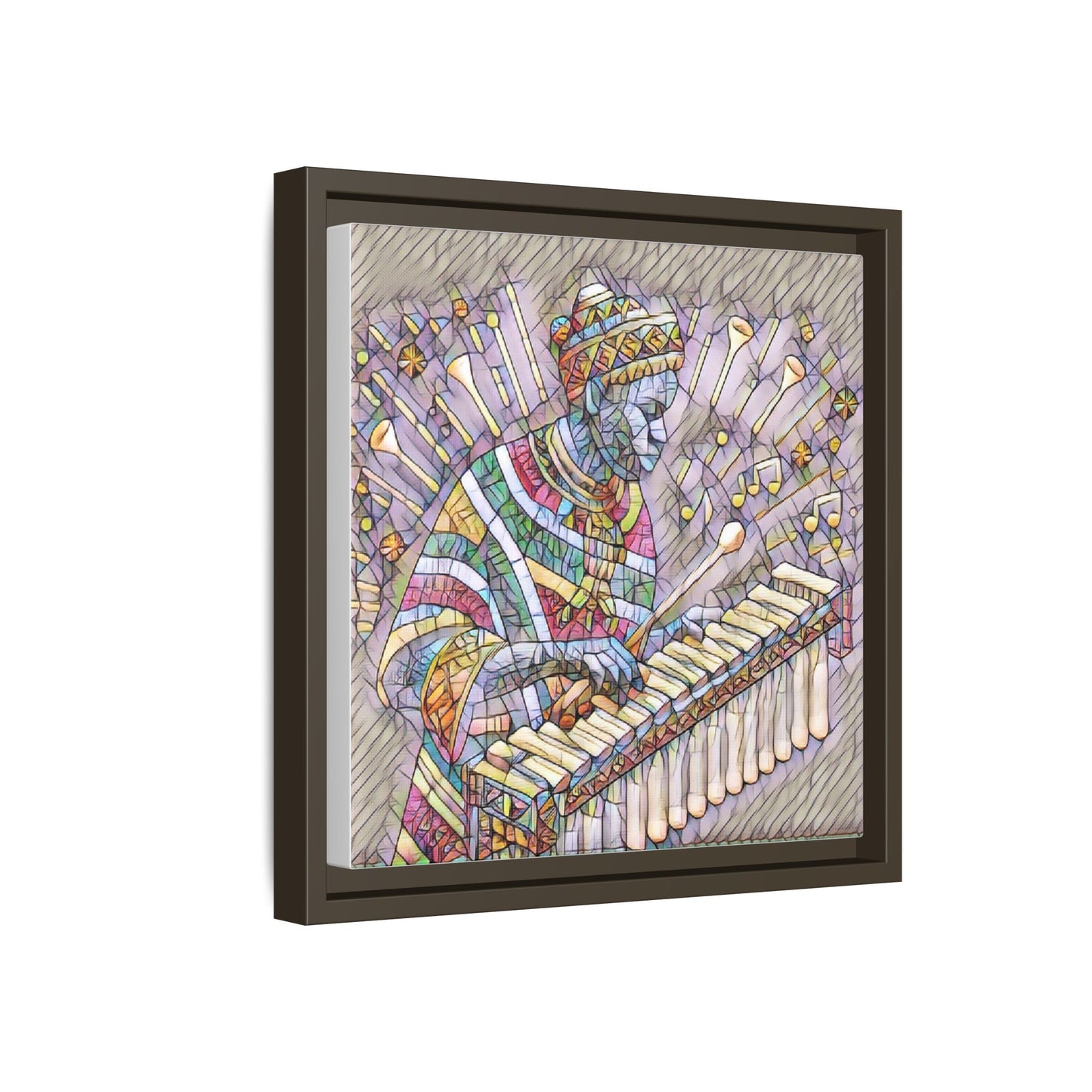 Colorful Marimba Musician Matte Framed Canvas — Vibrant African Instrument Wall Art