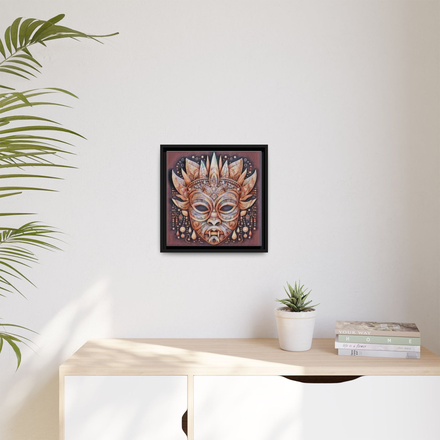 Tribal Sun Mask Framed Canvas Art — Boho Ethnic Wall Decor