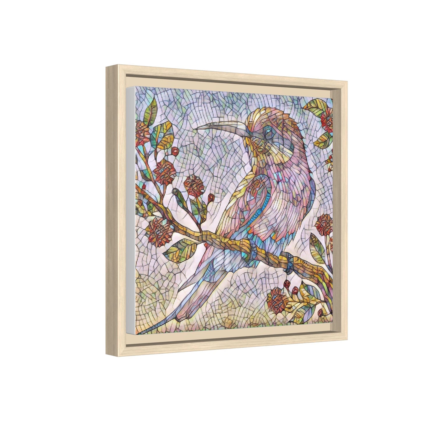 Framed Mosaic Bird Art Print — Colorful Kookaburra Wall Canvas