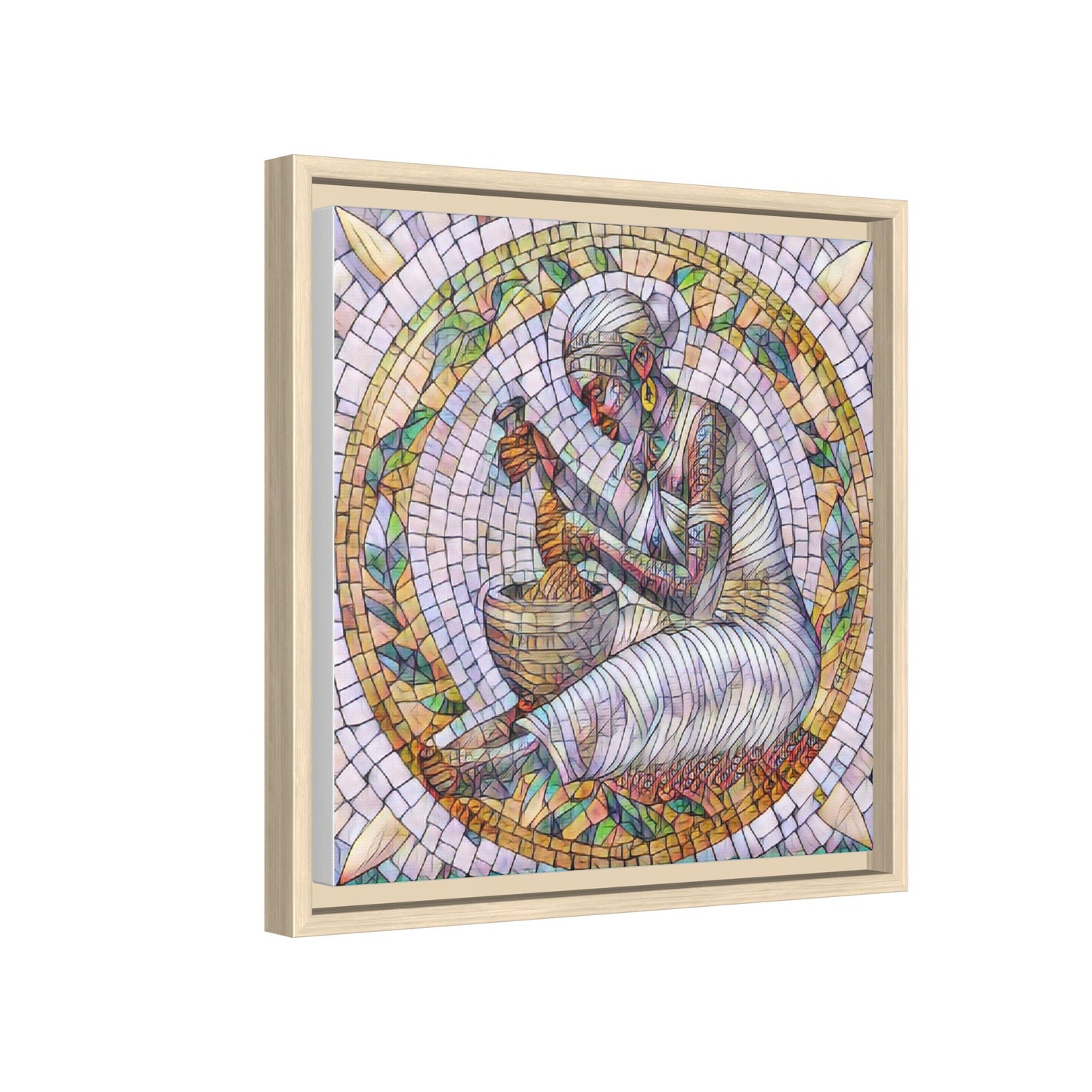 Framed Mosaic Art Print — Woman Grinding Grain (Matte Canvas)