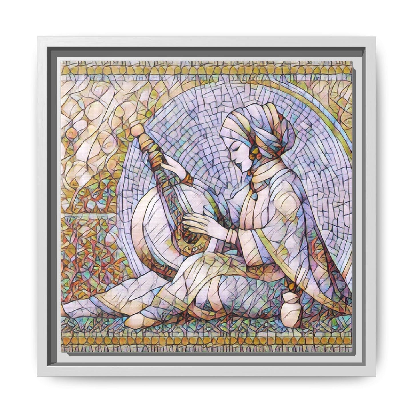 Framed Matte Canvas: Mosaic Lute Player Wall Art — Bohemian Musical Portrait