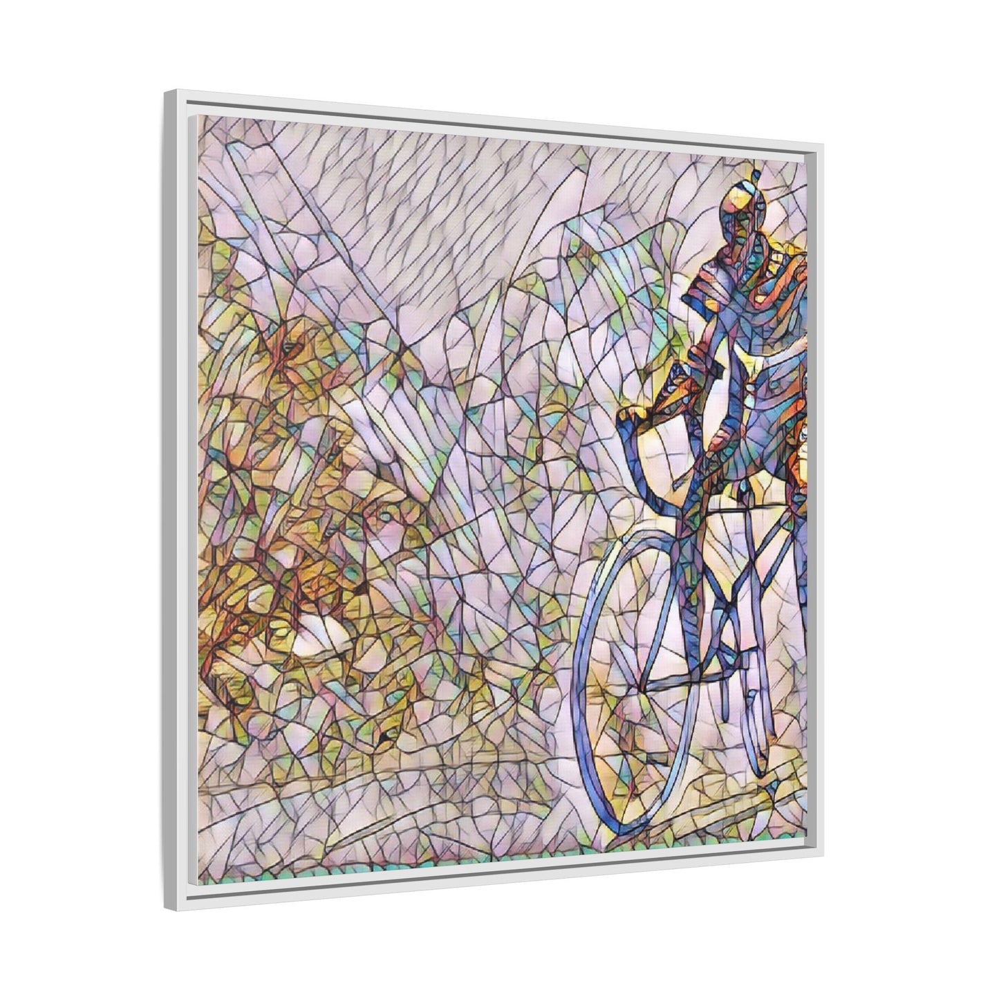 Colorful Cyclist Stained-Glass Art — Framed Matte Canvas