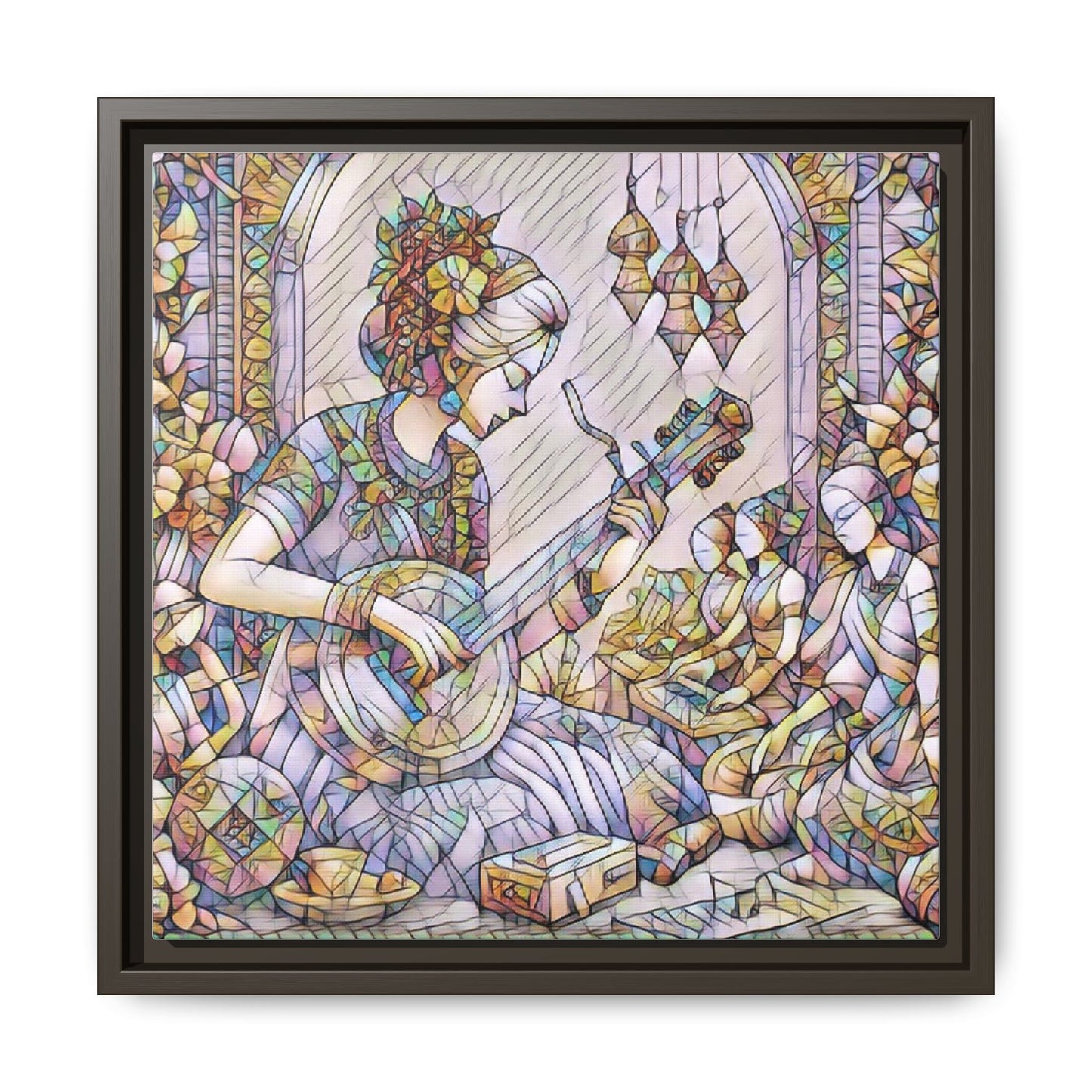 Framed Matte Canvas: Bohemian Woman Playing Lute — Stained-Glass Style Wall Art