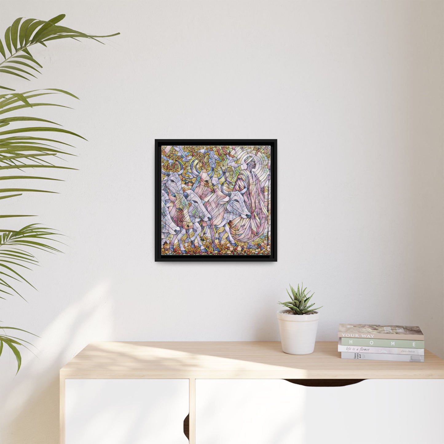 Framed Matte Canvas Art — Stained-Glass Style Cattle Herd
