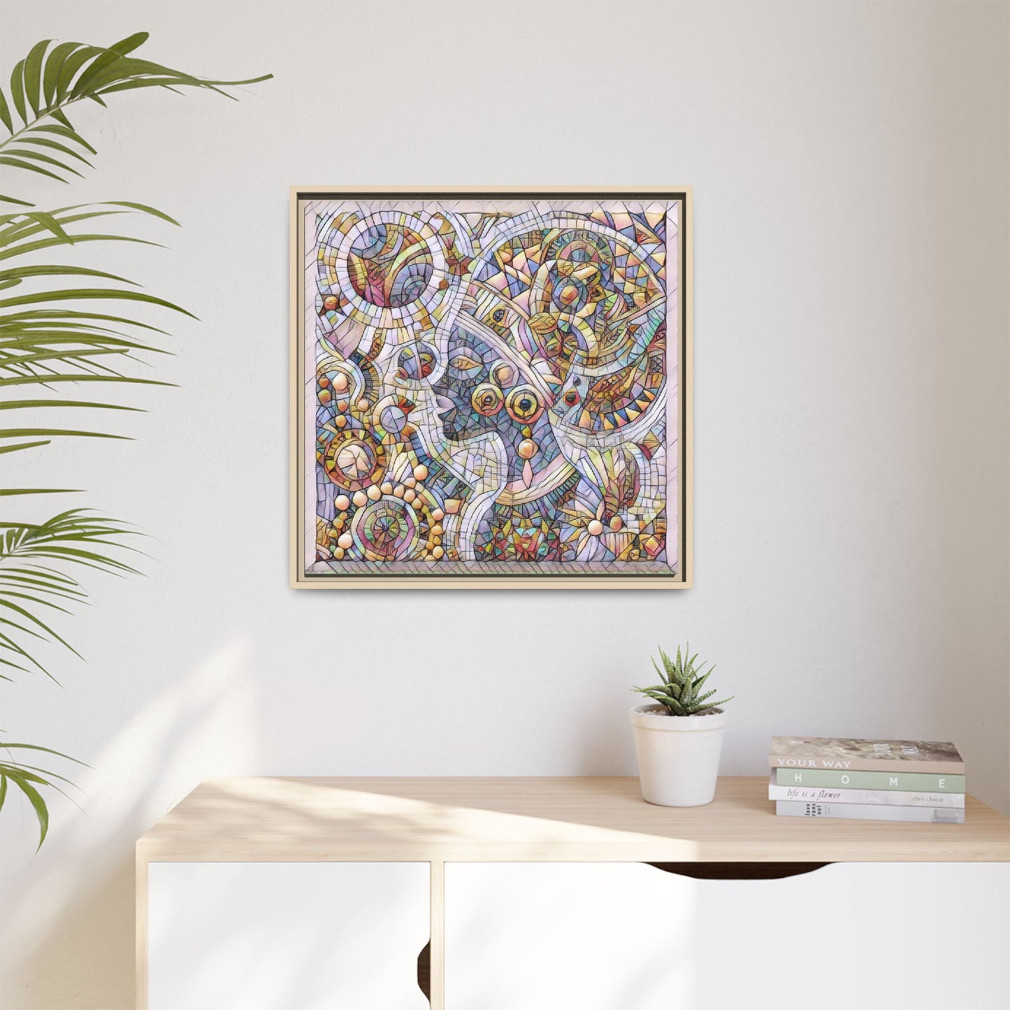 Abstract Mosaic Framed Canvas Art — Multicolor Geometric Wall Decor