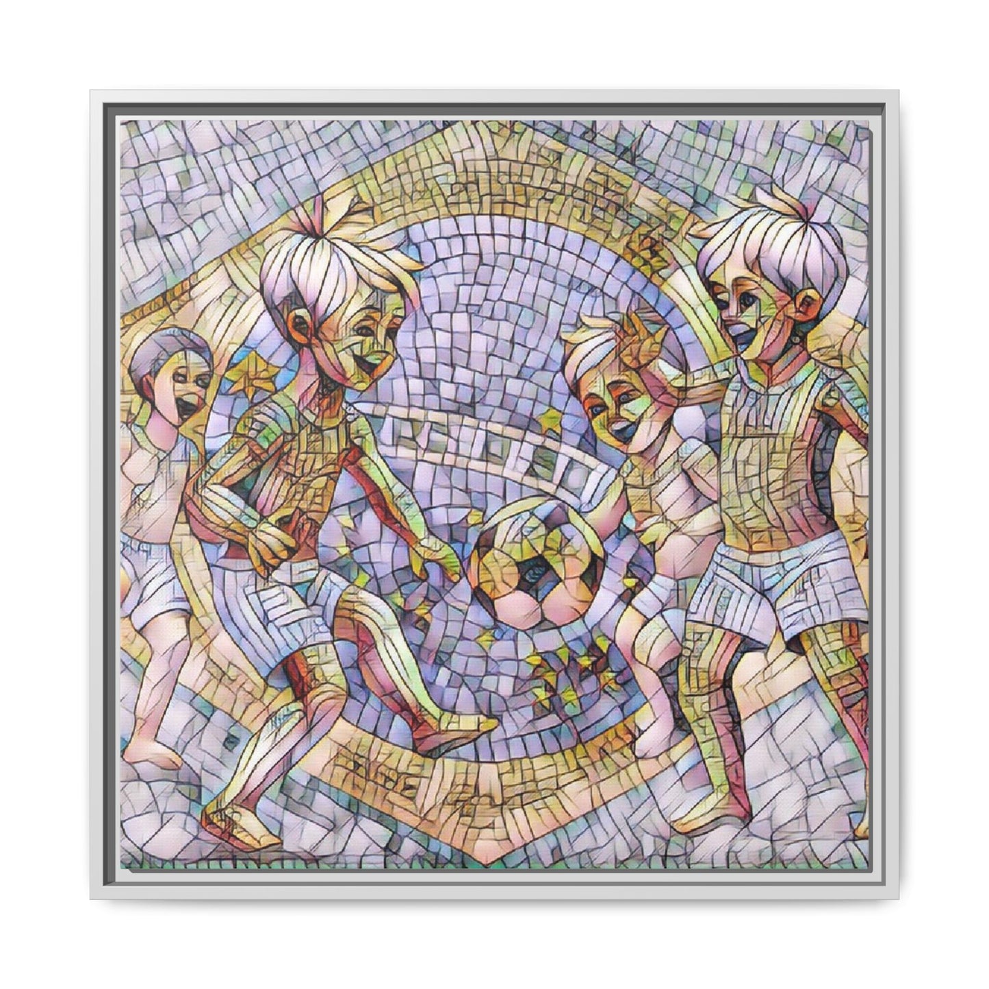 Framed Matte Canvas – Vintage Mosaic Kids Playing Soccer Art