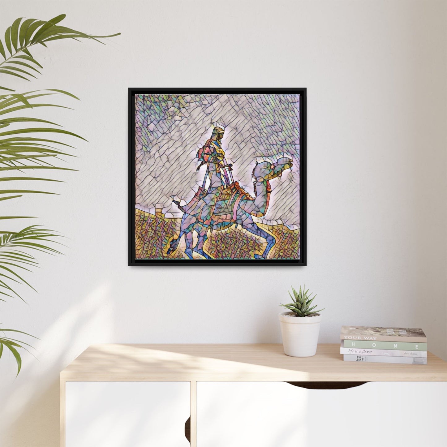 Framed Camel Rider Matte Canvas Art — Colorful Mosaic Desert Wall Decor