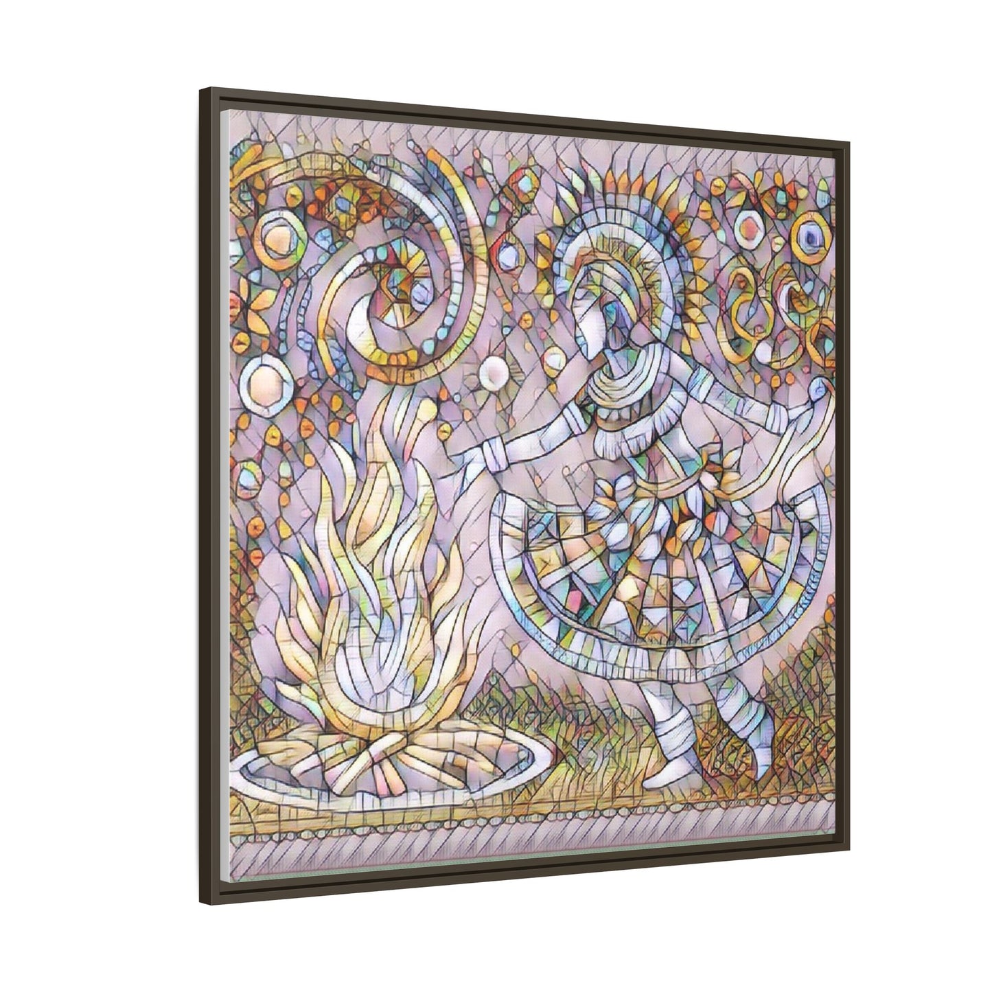 Bohemian Fire Dancer Framed Canvas Art — Colorful Folk Mosaic Wall Decor