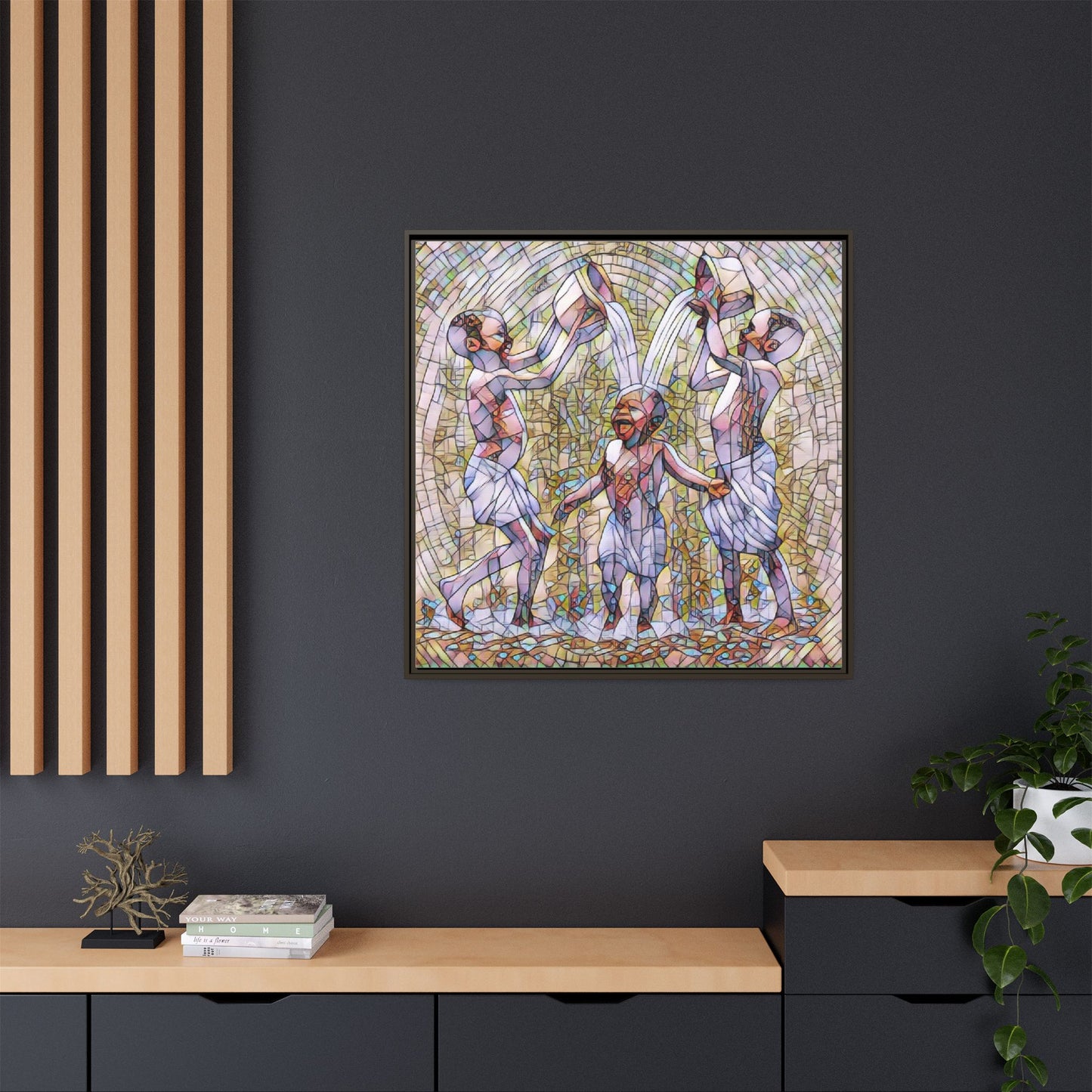Framed Matte Canvas Art – Joyful Water Dance Family Stained-Glass Print