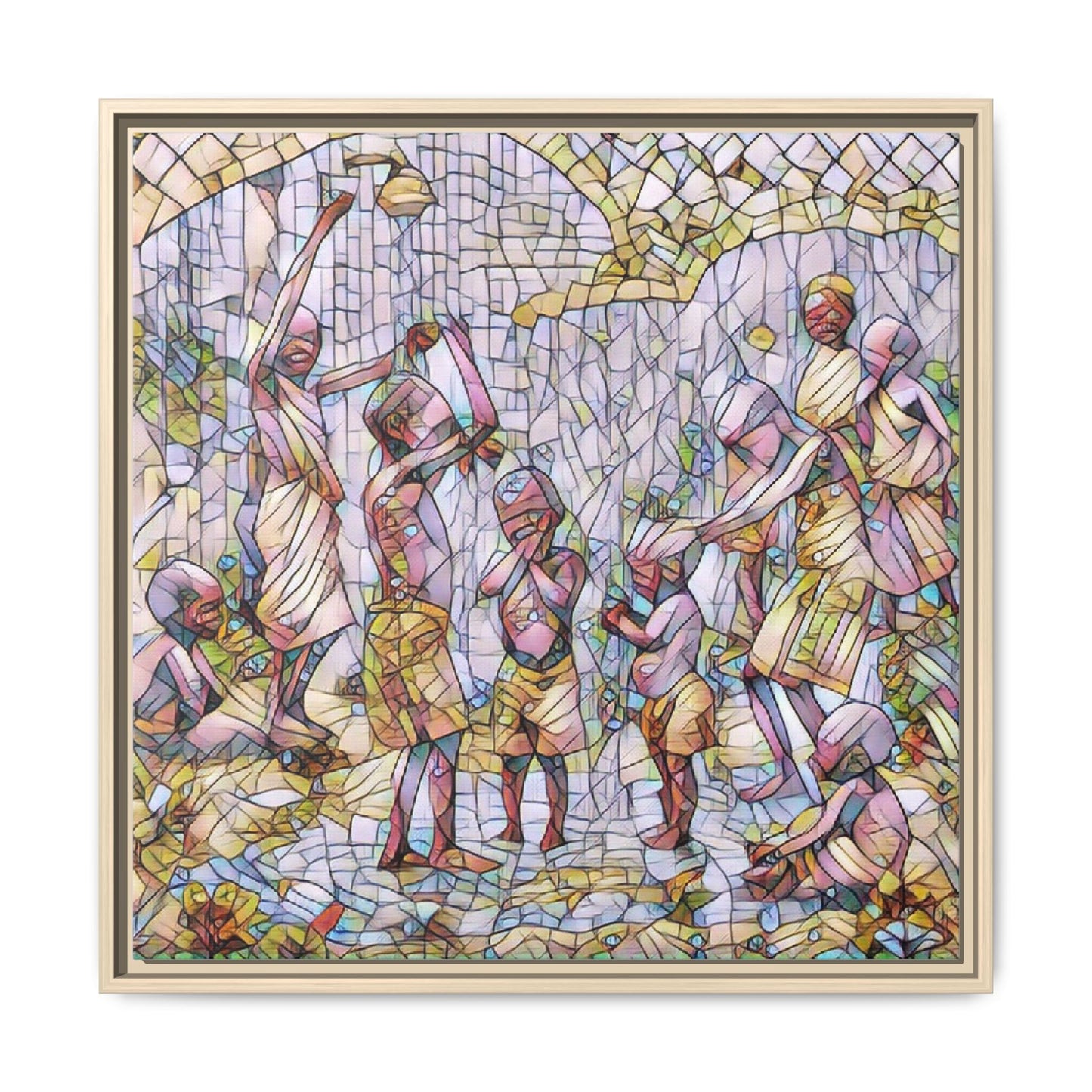 Framed Matte Canvas – Colorful Mosaic Children Playing Wall Art