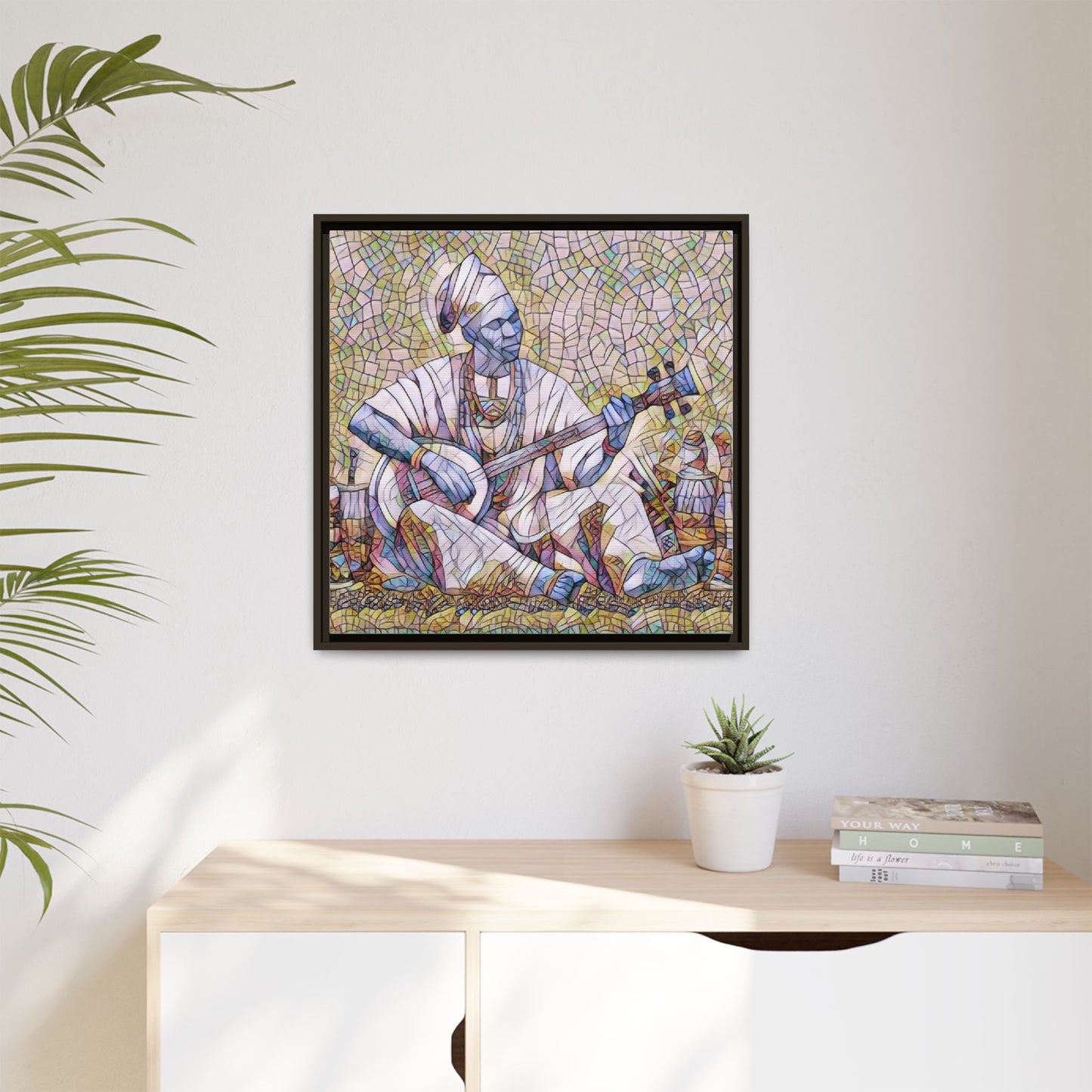 Framed Mosaic Musician Canvas Art — African Griot with Kora