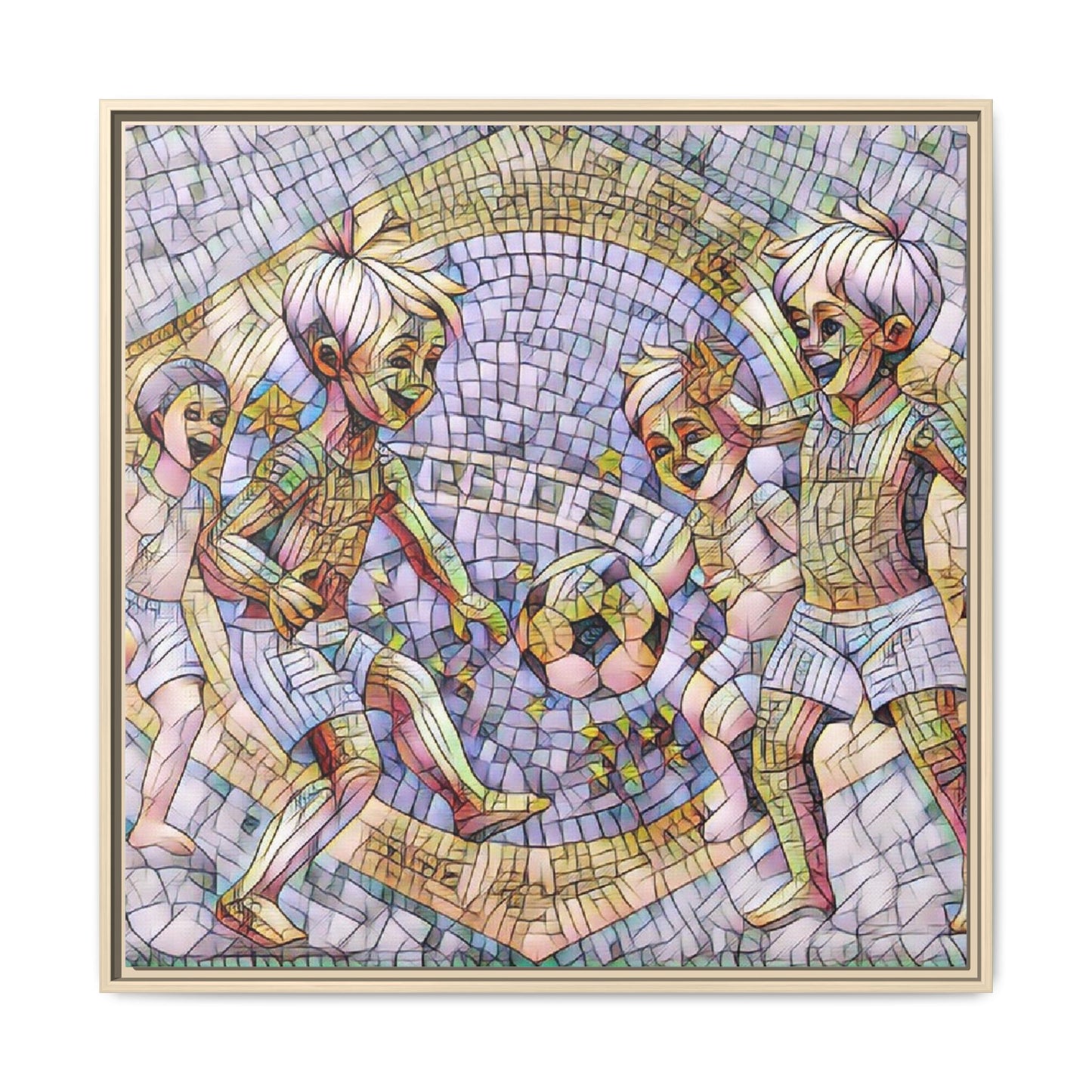 Framed Matte Canvas – Vintage Mosaic Kids Playing Soccer Art