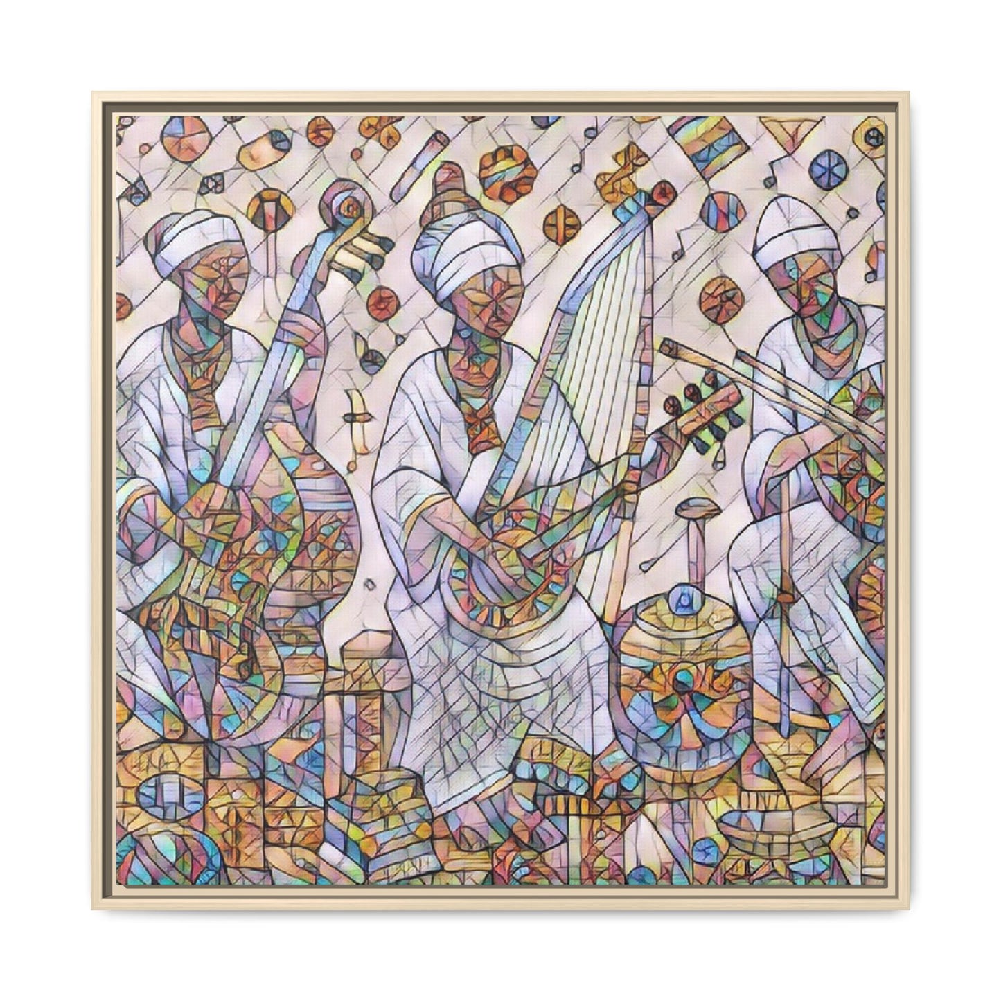 Framed Matte Canvas Print — Colorful African Musicians Stained-Glass Art