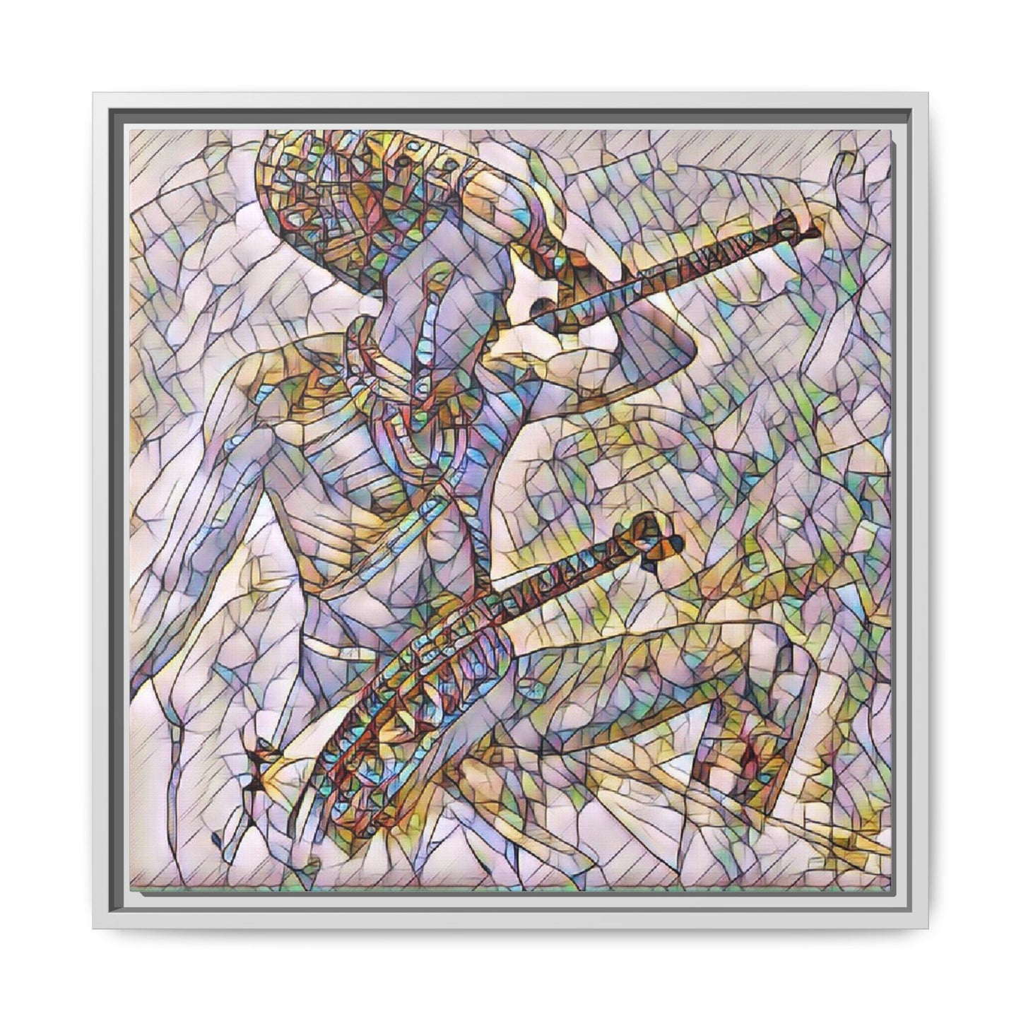 Stained Glass Blue Musician — Framed Matte Canvas Art