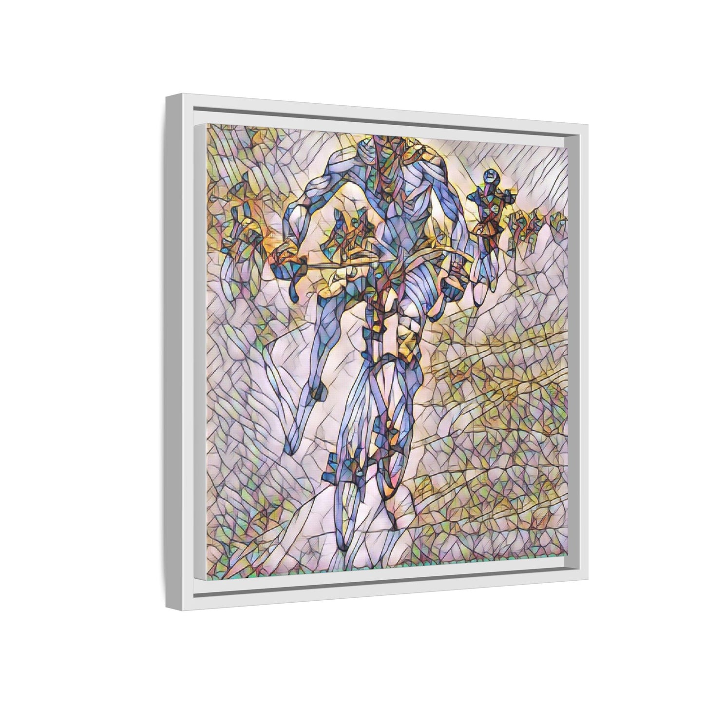 Abstract Cyclist Matte Canvas Framed Art — Colorful Stained-Glass Bike Print