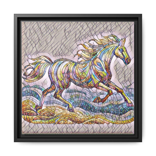Stained Glass Running Horse Framed Canvas Art — Colorful Equestrian Wall Decor