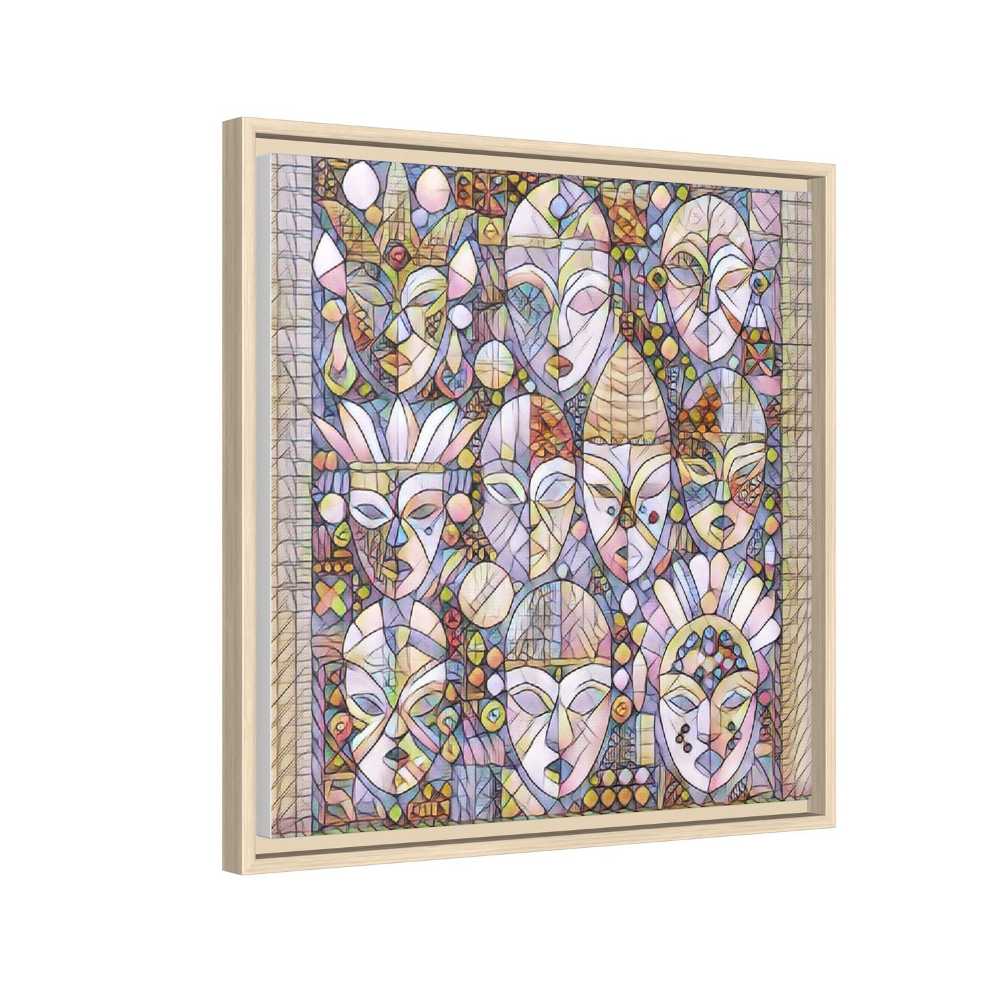 Framed Abstract Mask Art Canvas — Multicolor Stained-Glass Faces Wall Decor