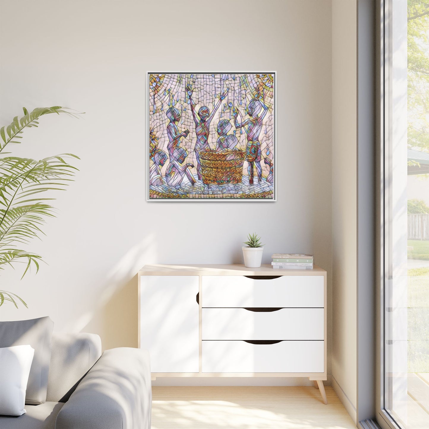 Framed Matte Canvas Art — Children Playing Mosaic Illustration