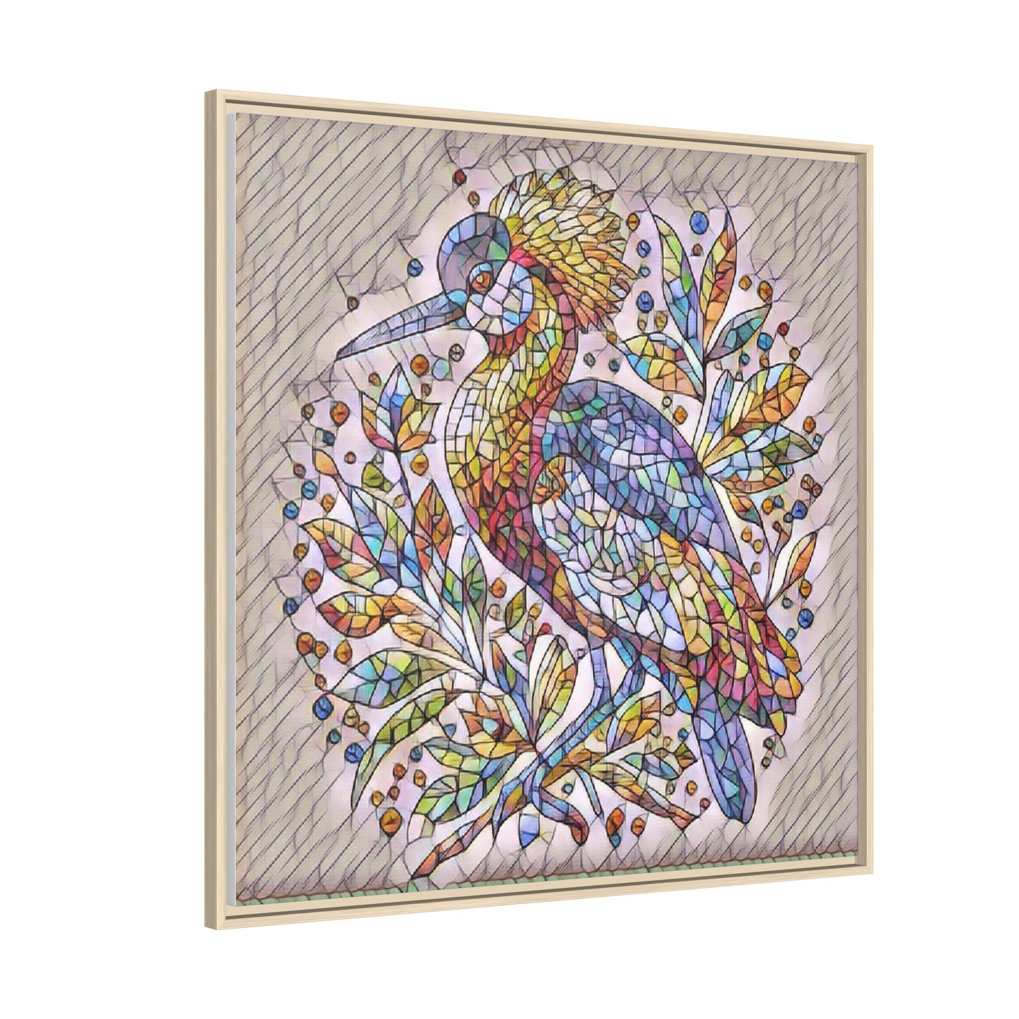 Colorful Stained-Glass Heron — Framed Matte Canvas Wall Art