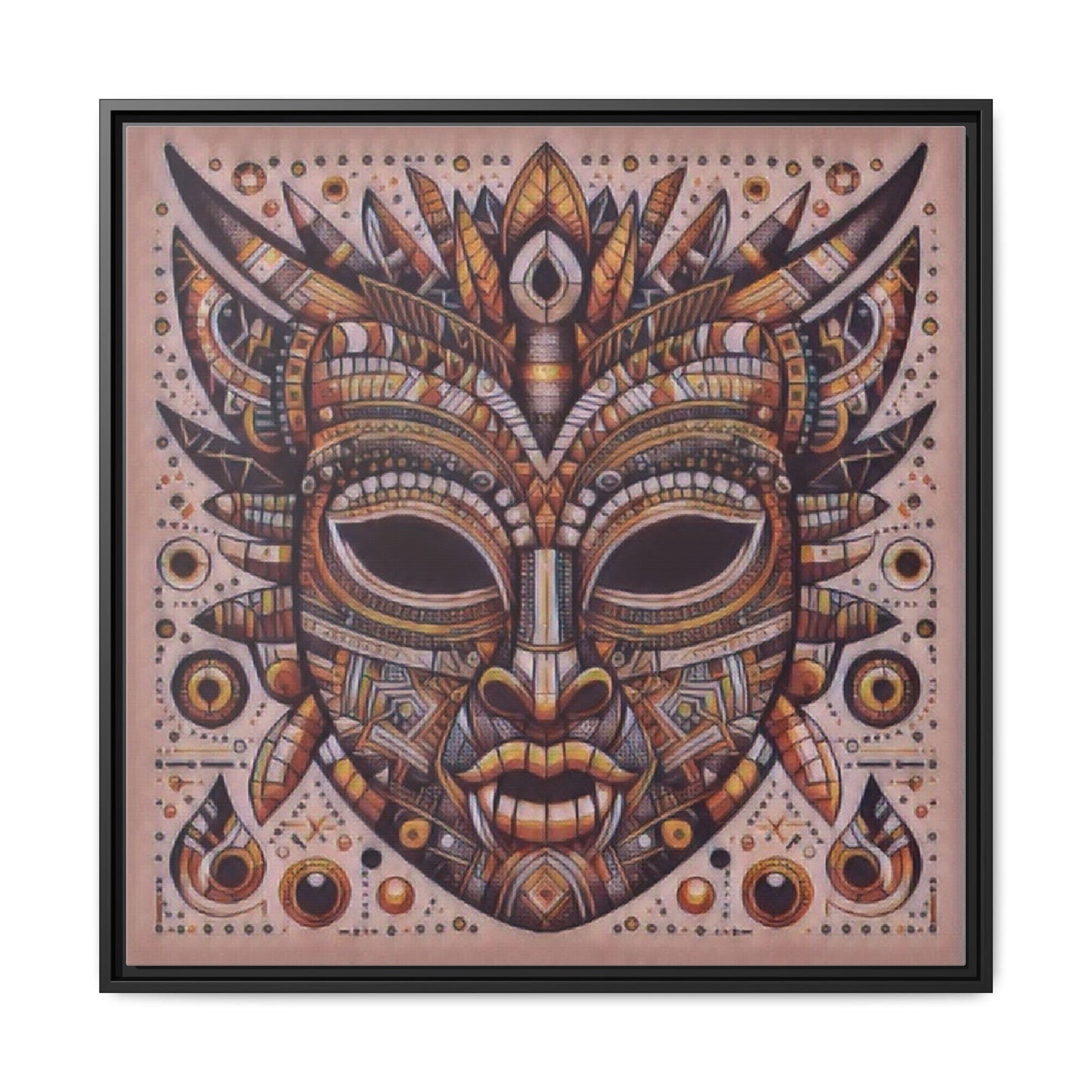 Tribal Mask Framed Canvas Art — Multicolor Matte Wall Decor