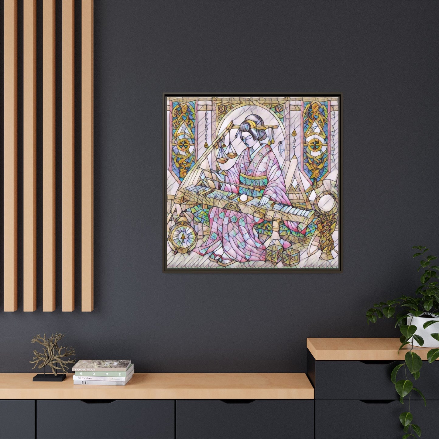 Framed Matte Canvas — Geisha Harp Stained-Glass Art Print