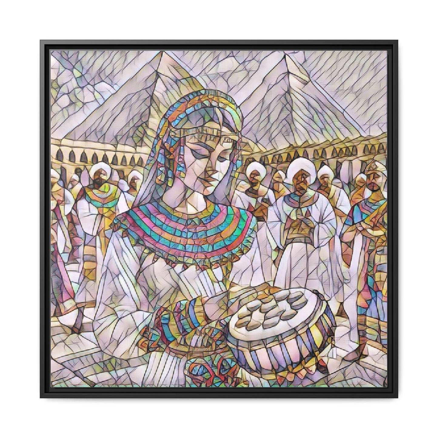 Egyptian Drum Player Framed Canvas Art — Colorful Ancient Scene Wall Decor
