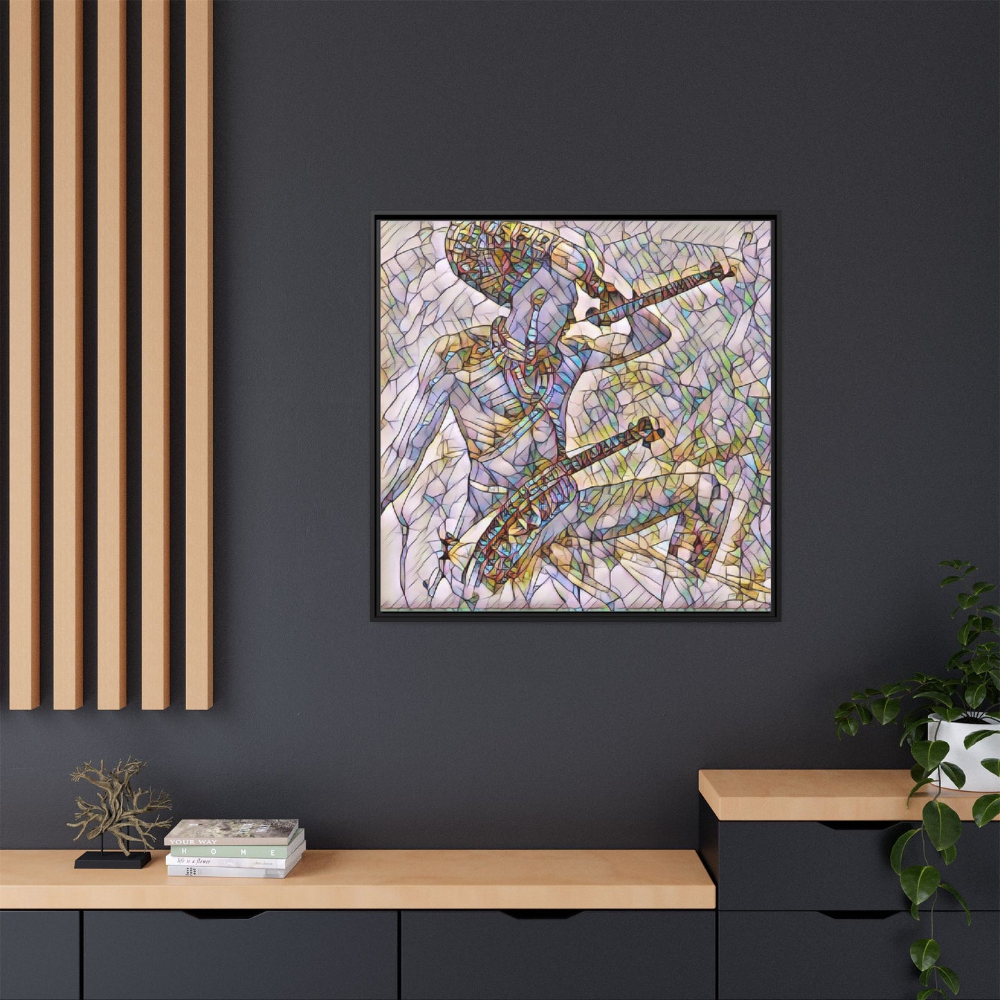 Stained Glass Blue Musician — Framed Matte Canvas Art