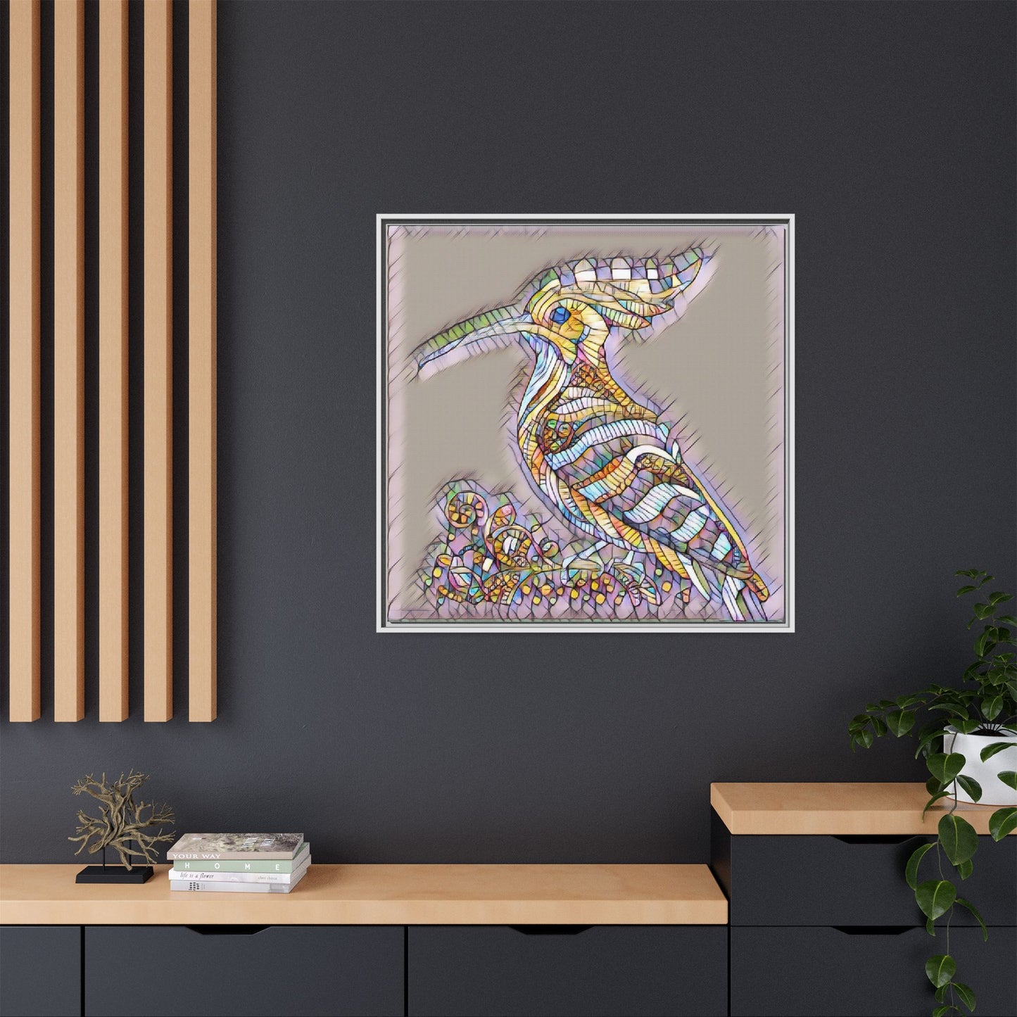 Colorful Mosaic Bird Framed Canvas Art — Whimsical Hoopoe Wall Decor