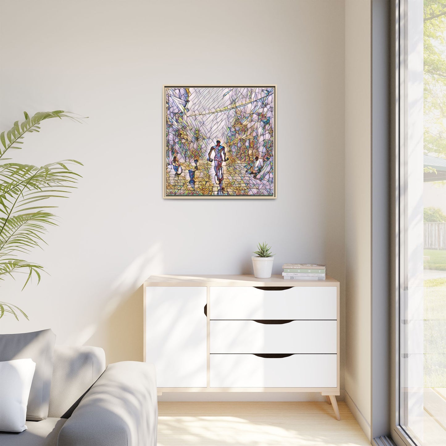 Cyclist Stained-Glass Matte Canvas Framed Wall Art