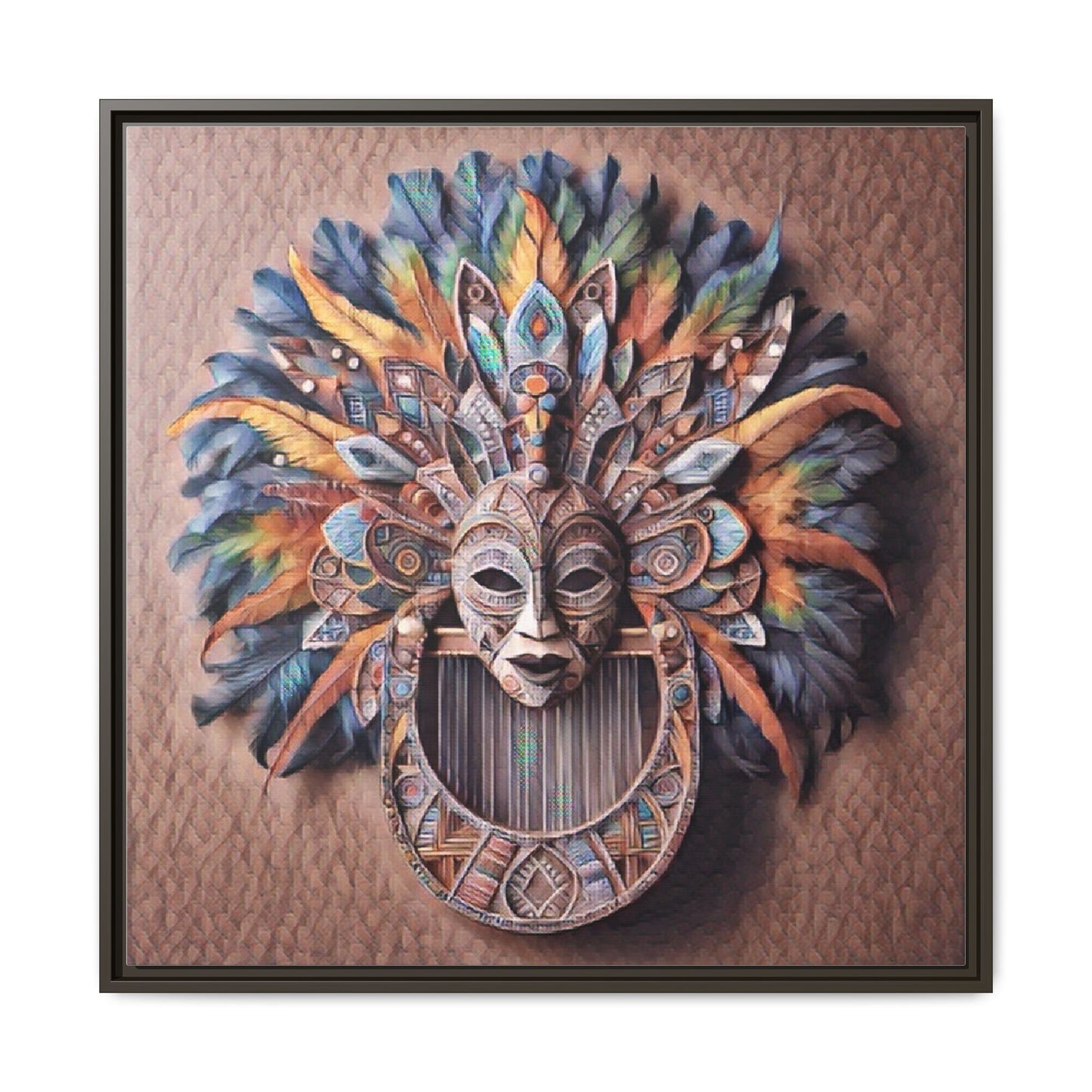 Tribal Feather Mask Framed Canvas Wall Art — Colorful Boho Decorative Print